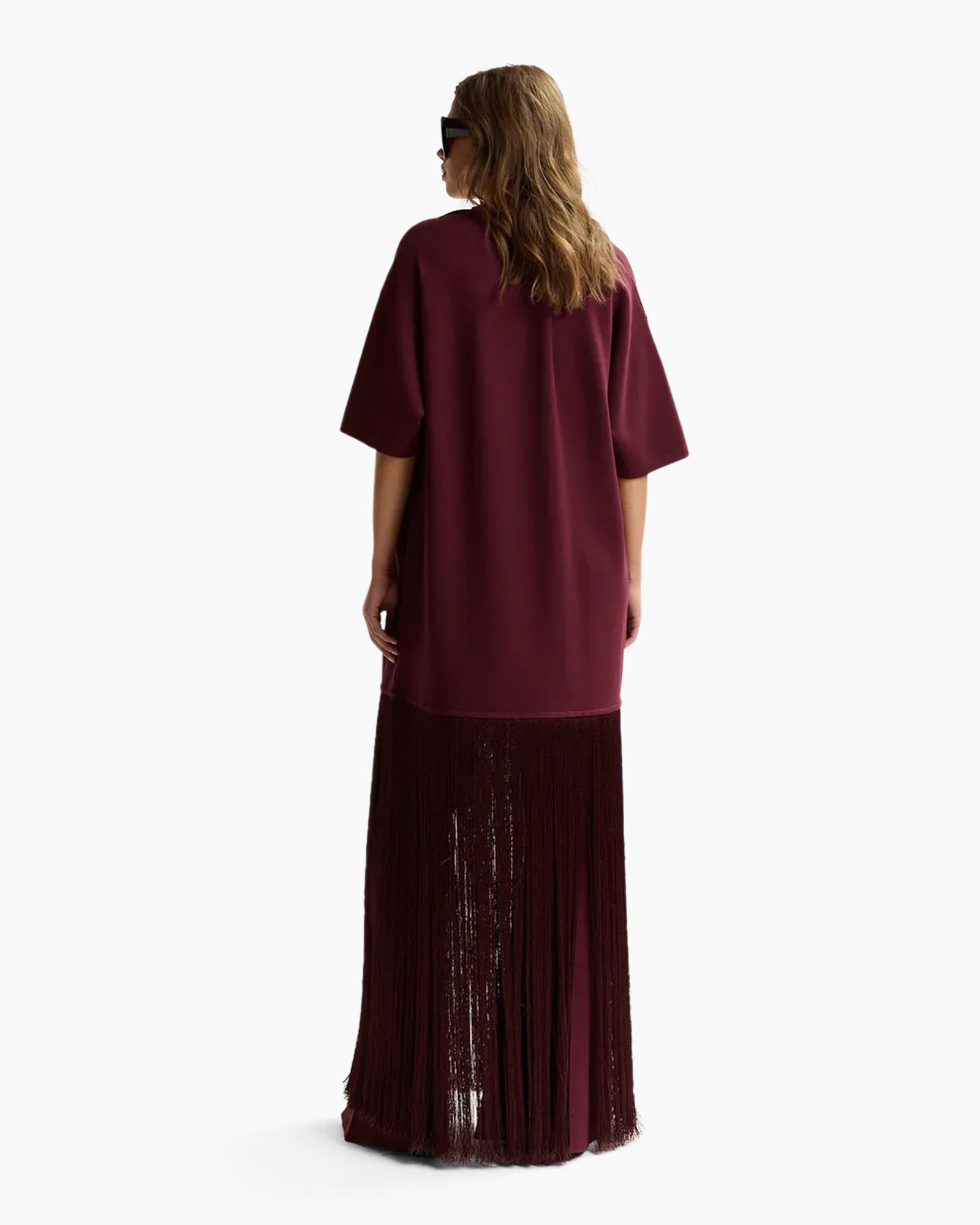 dress, burgundy, long, fringe, sleeveless?, not necessary, sleeve short?