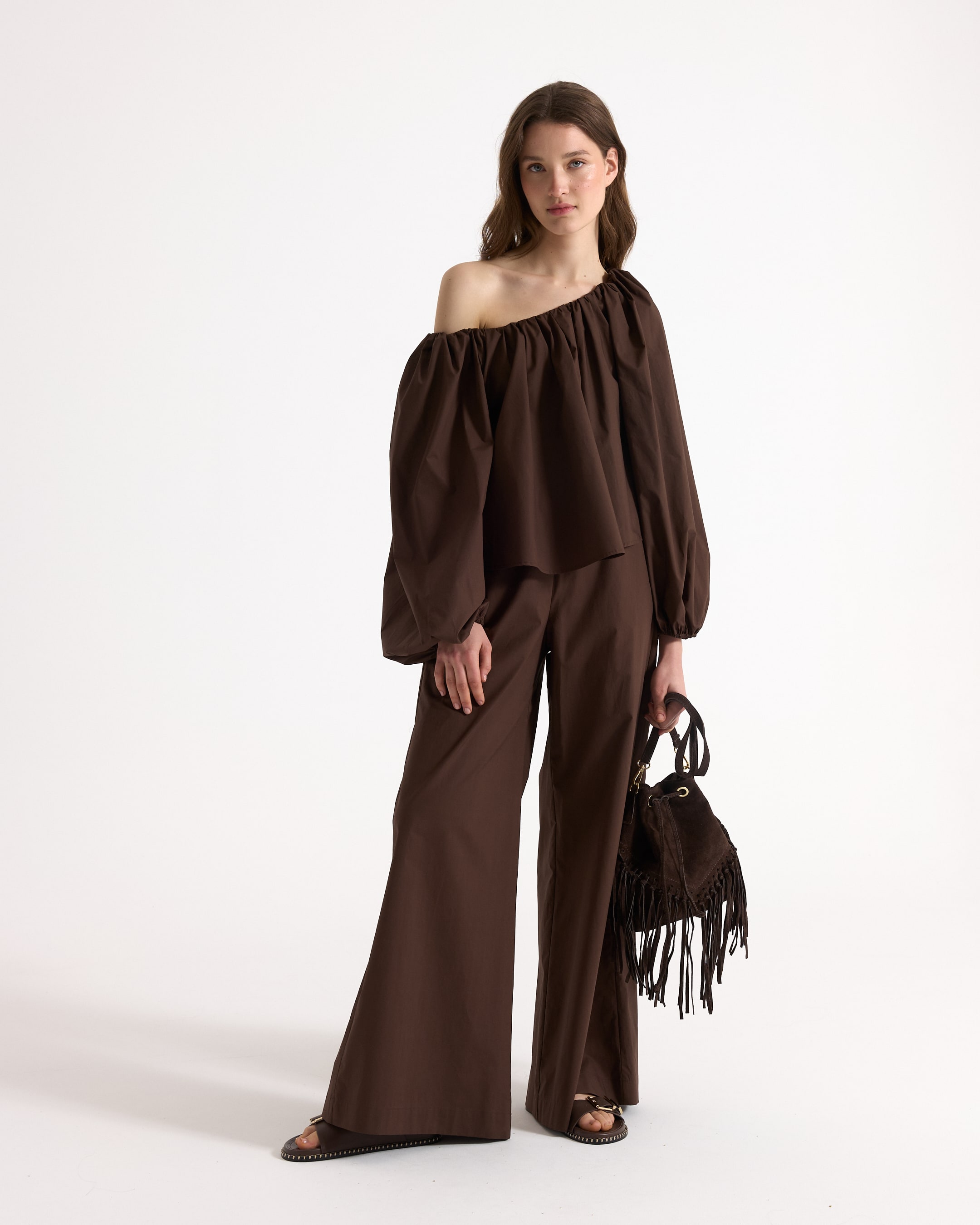 off-shoulder, brown, jumpsuit, wide-leg, fringe bag