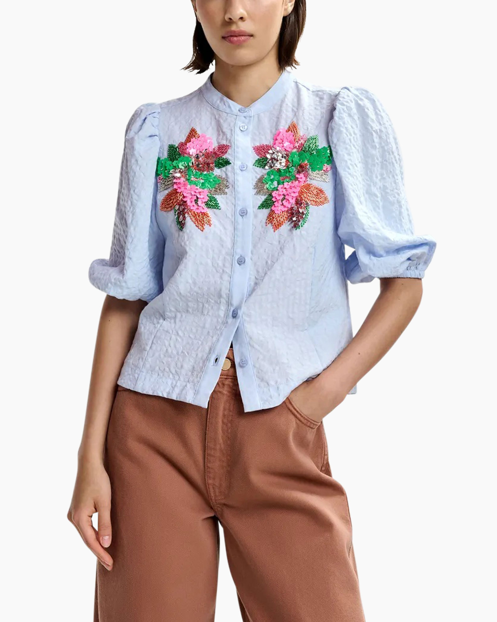 blouse, embroidery, floral, puff-sleeve, light-blue