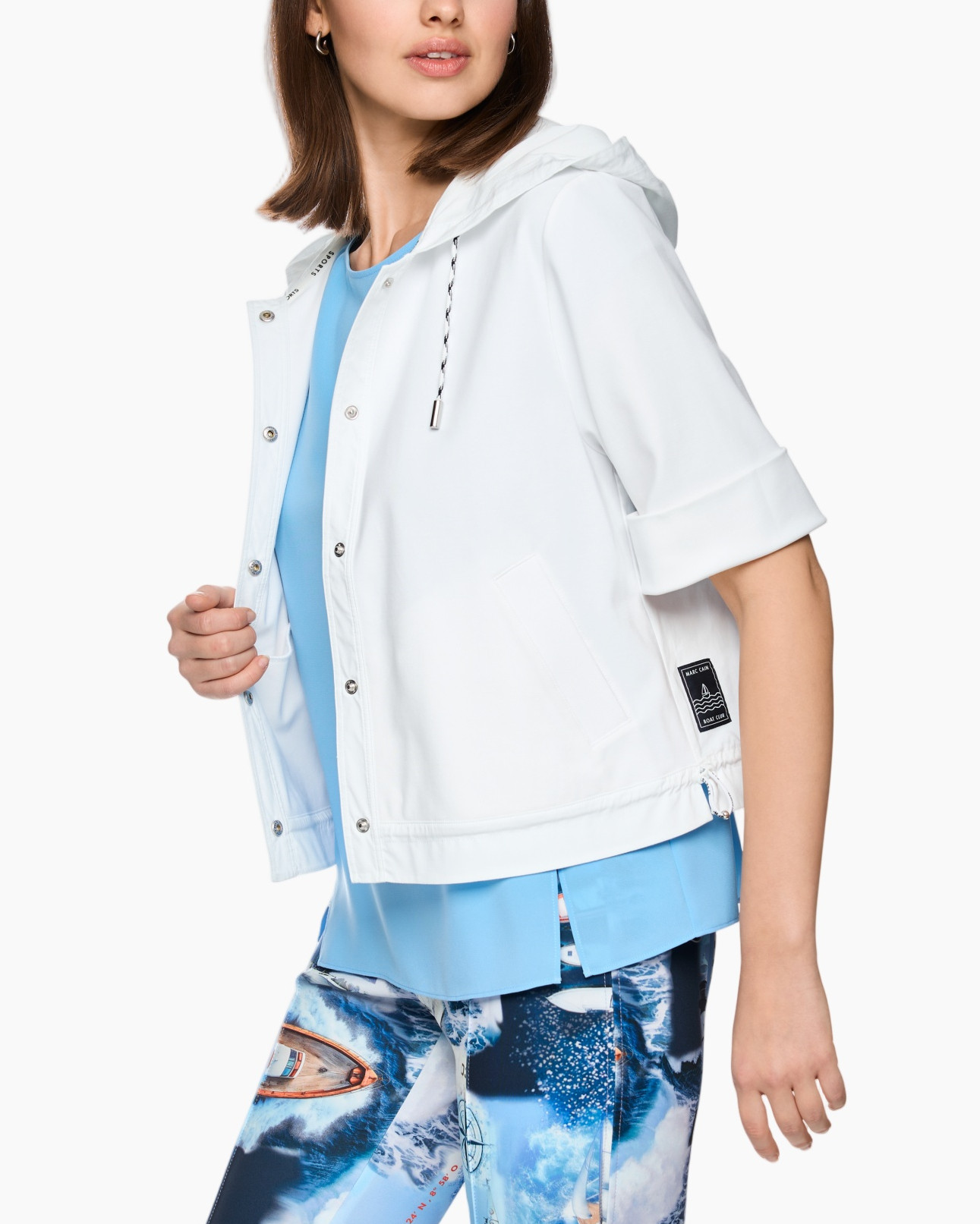 white jacket, hooded jacket, drawstring hood, short sleeves, front pockets