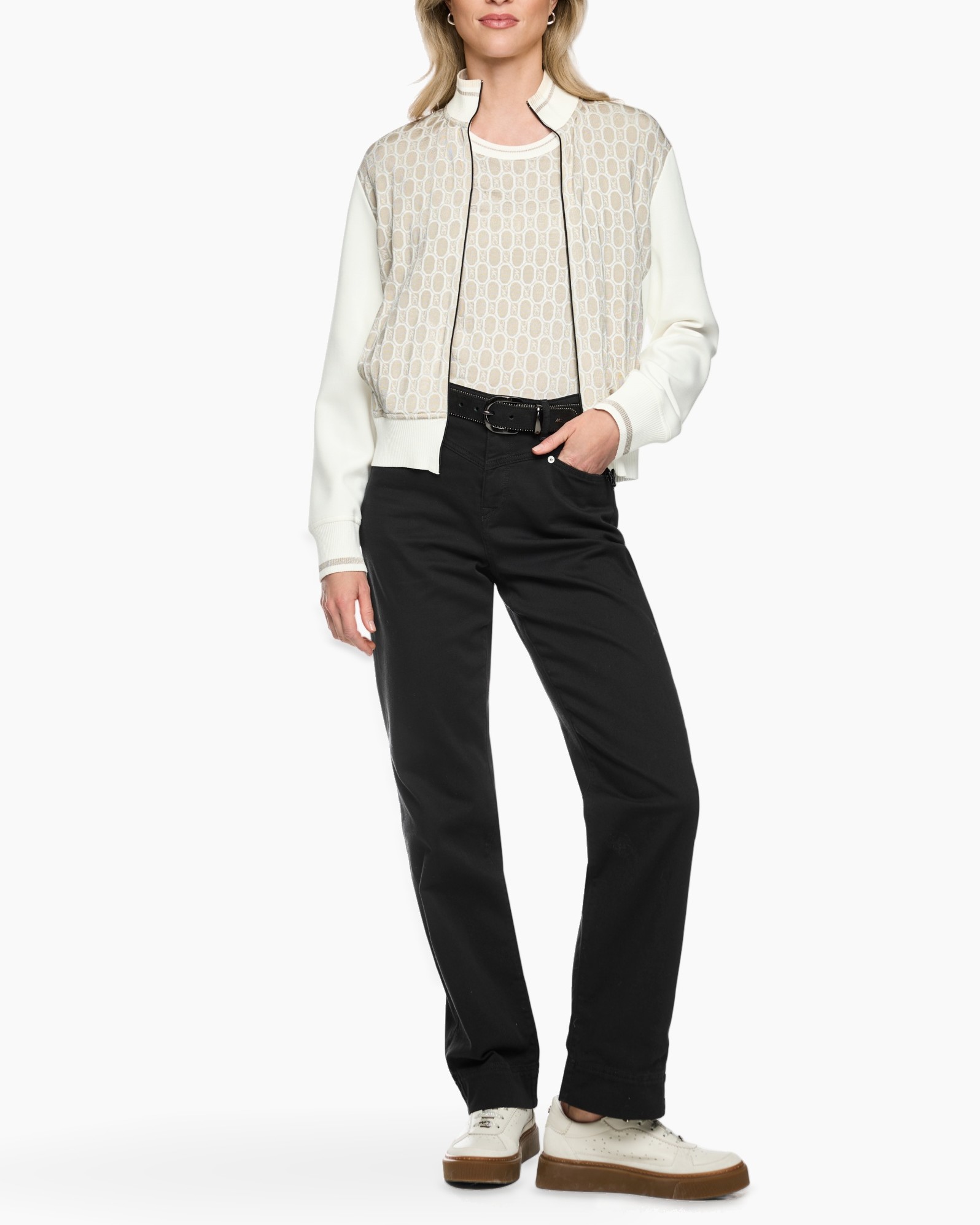 jacket, crewneck, pants, white, geometric pattern