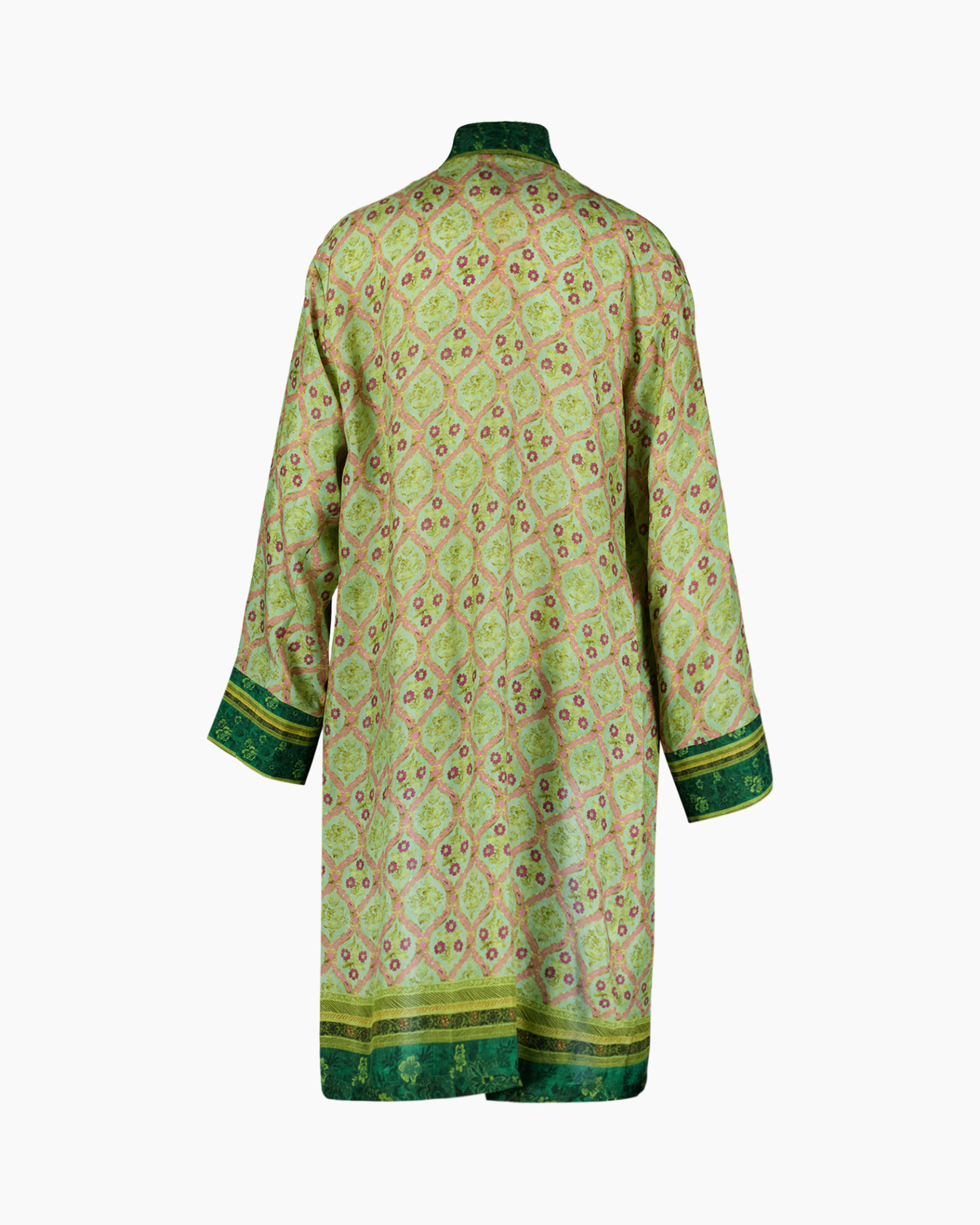 silk robe, green robe, knee-length, paisley pattern, embellished cuffs
