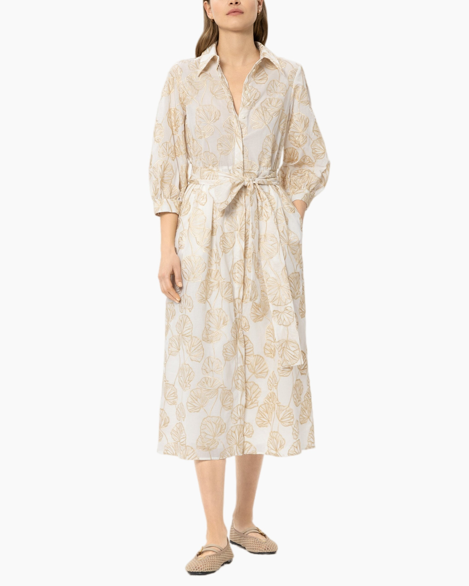 dress, calf-length, collared, belted, leaf print