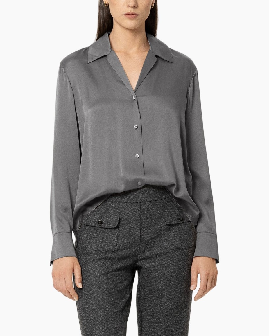 blouse, button-down, gray, long-sleeve, collared