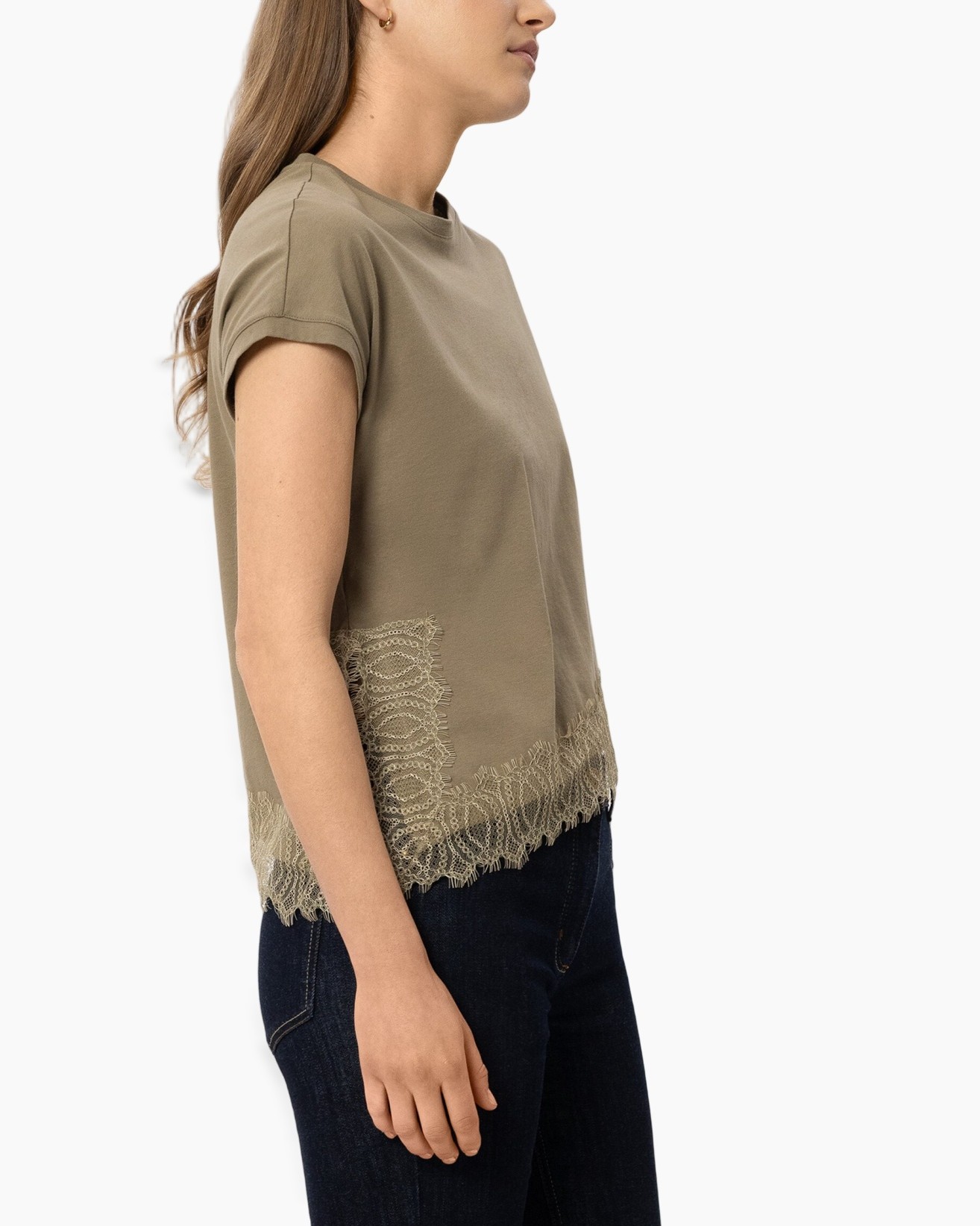 t-shirt, short-sleeve, beige, lace hem, casual top