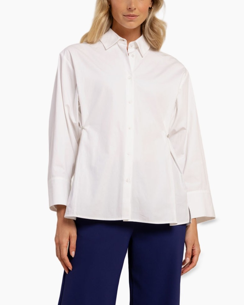 white shirt, button-down, collared, long sleeves, loose fit