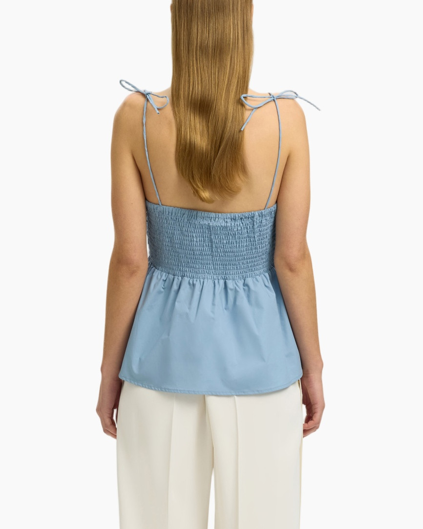 top, ruffled, spaghetti straps, blue, peplum