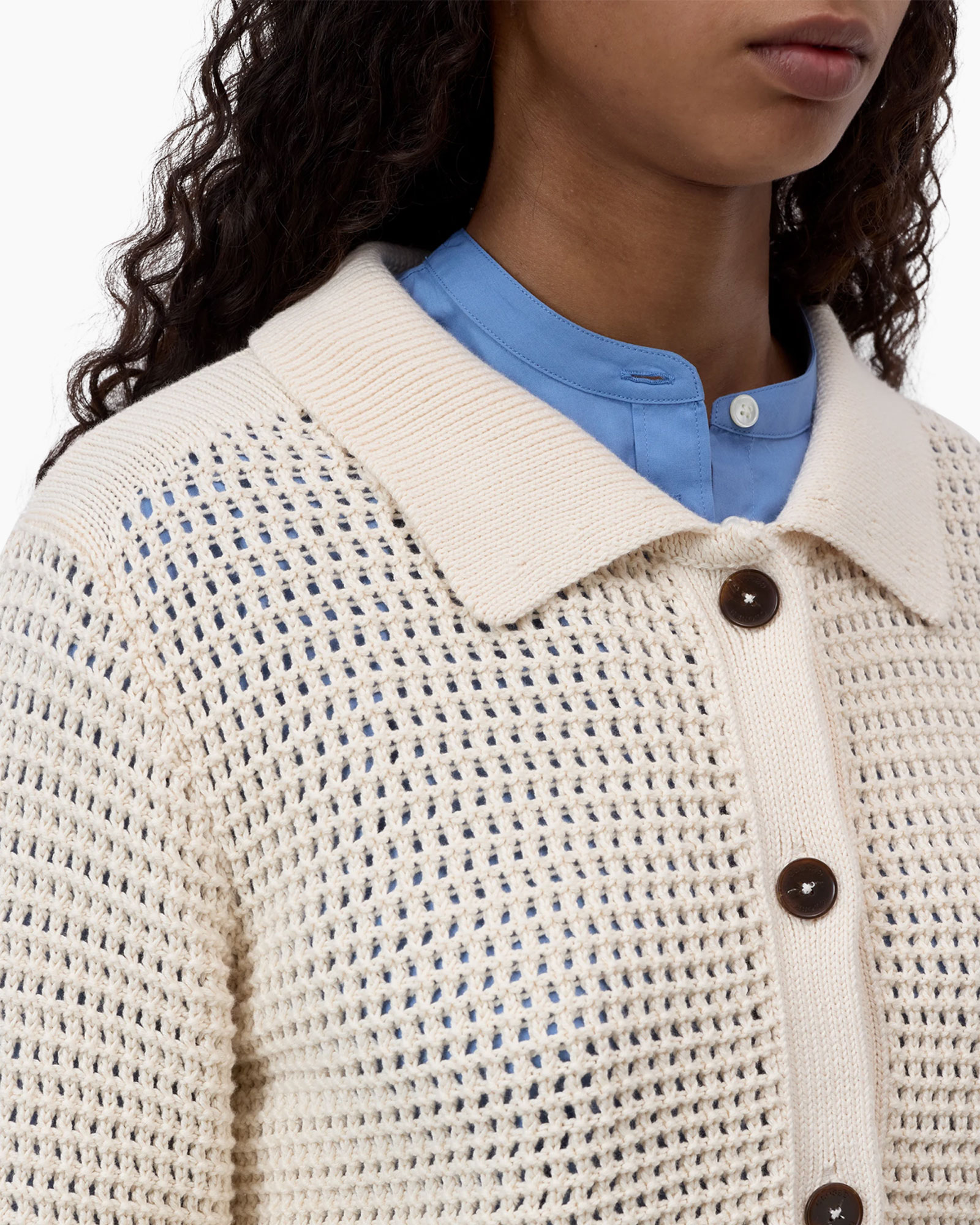 knit cardigan, open knit, cream, button placket, collar sweater