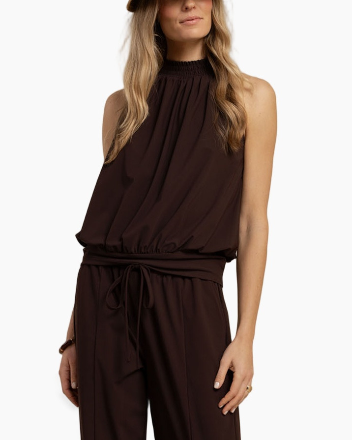 sleeveless top, high neck, brown jumpsuit, waist tie, rompers jumper