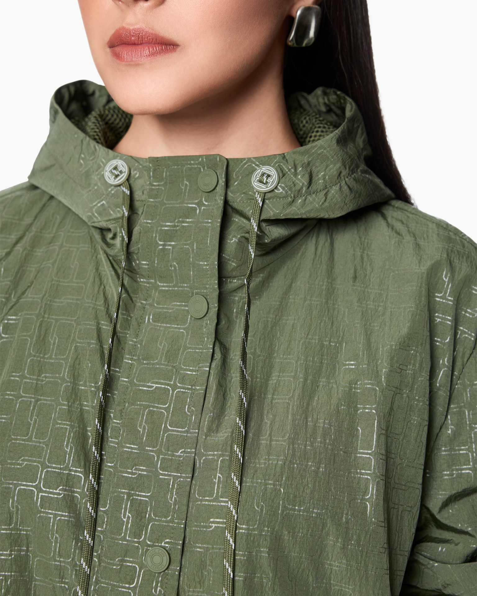 jacket, hooded, olive green, drawstring, geometric pattern