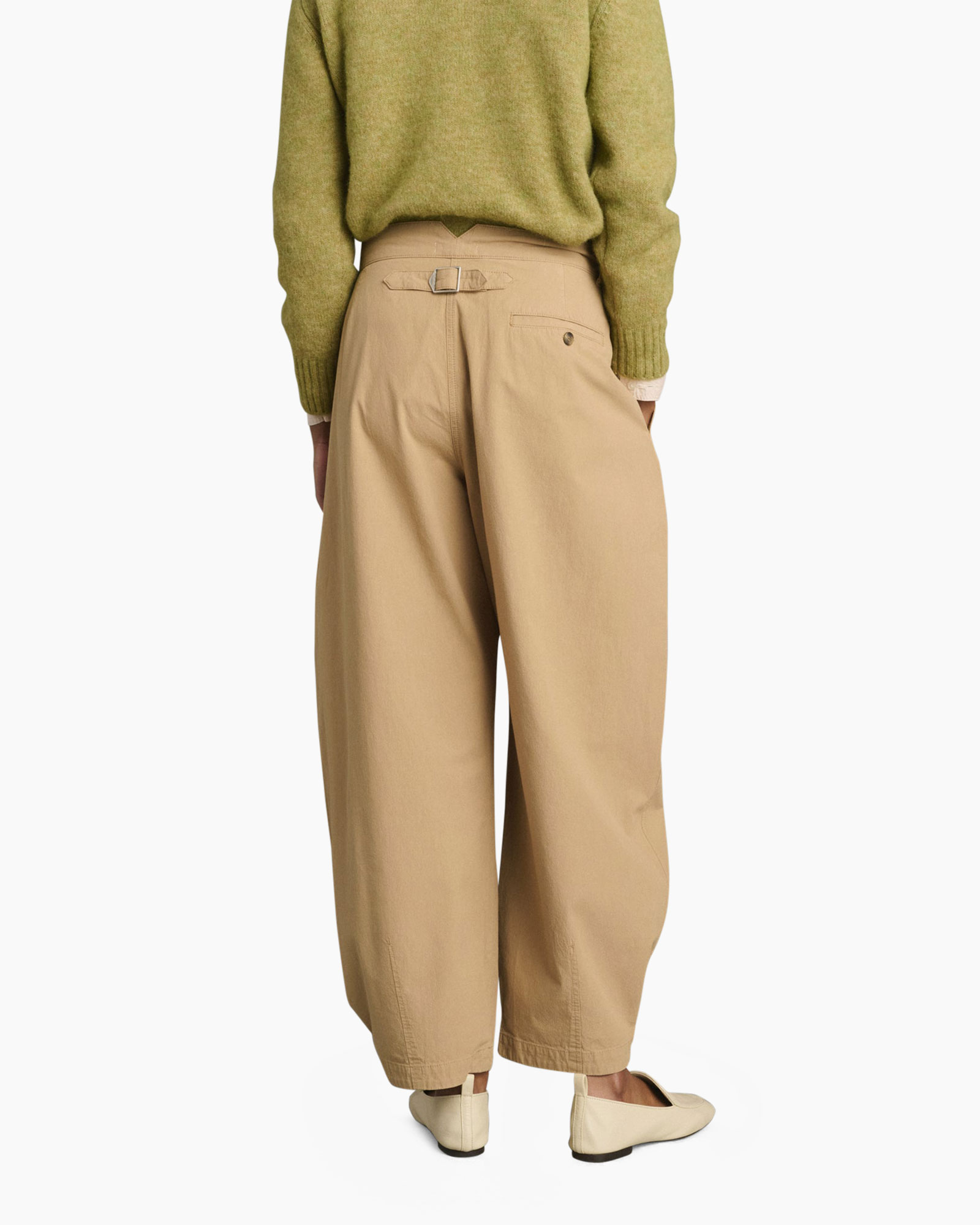pants, khaki, wide-leg, pleated, belly-pocket