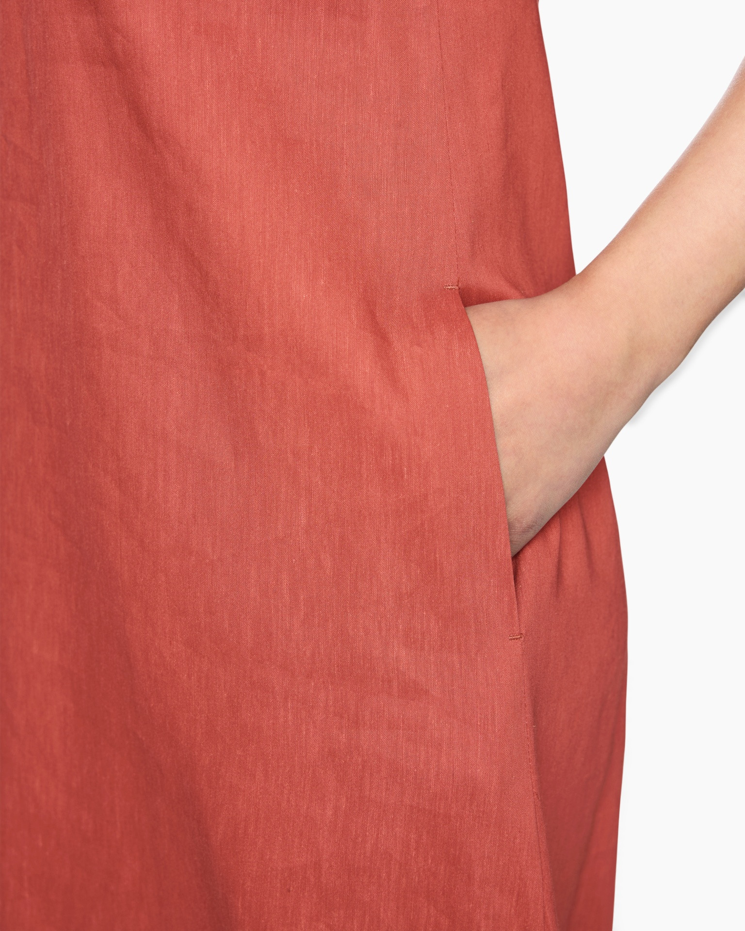 dress, red, linen, pocket, sleeve-less