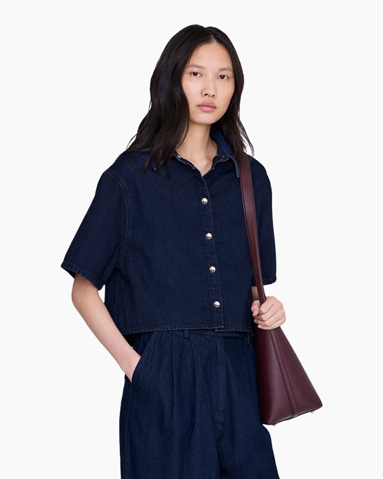 denim, top, short-sleeve, button-down, pockets
