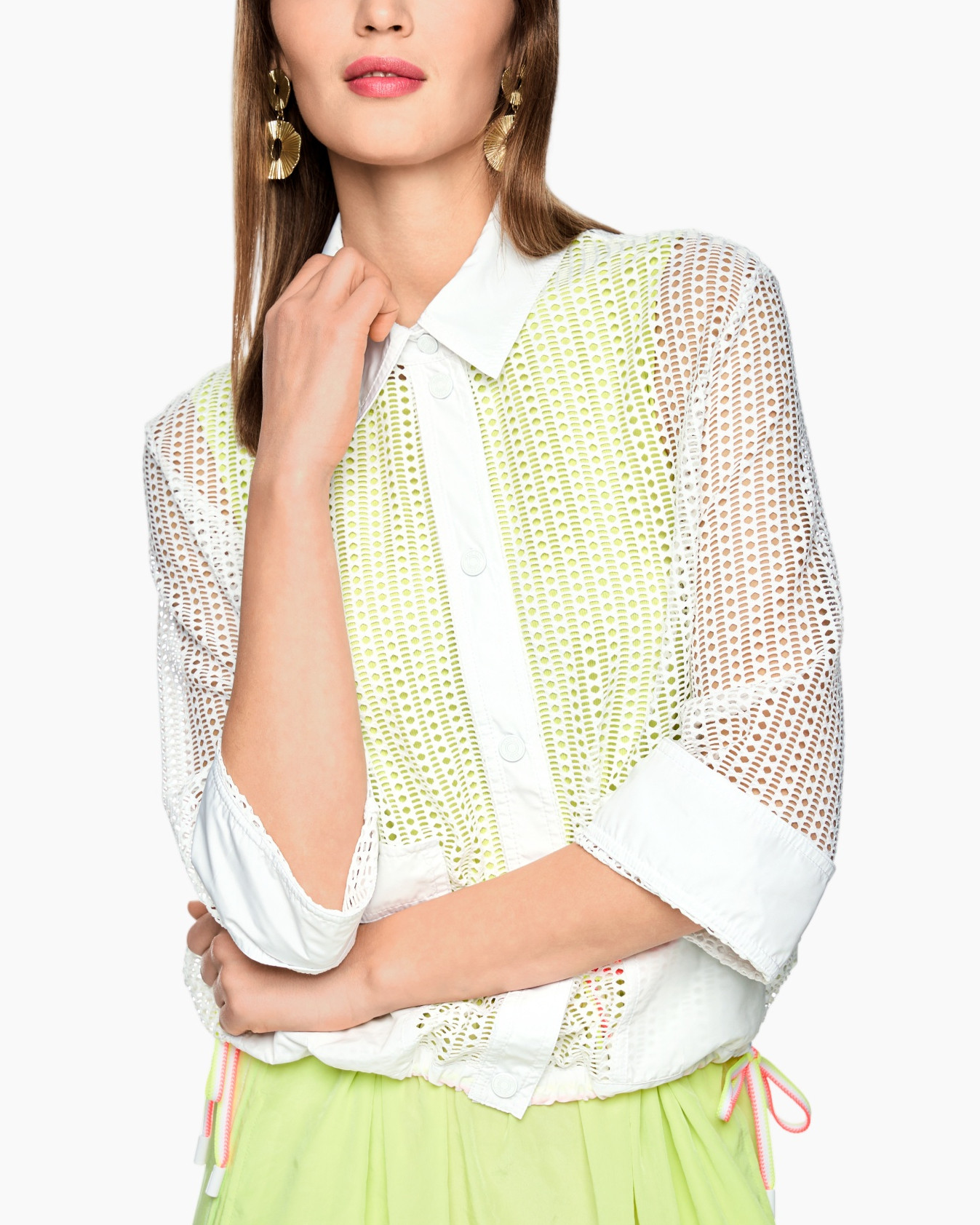white blouse, mesh top, layered sheer, long sleeve, collared shirt