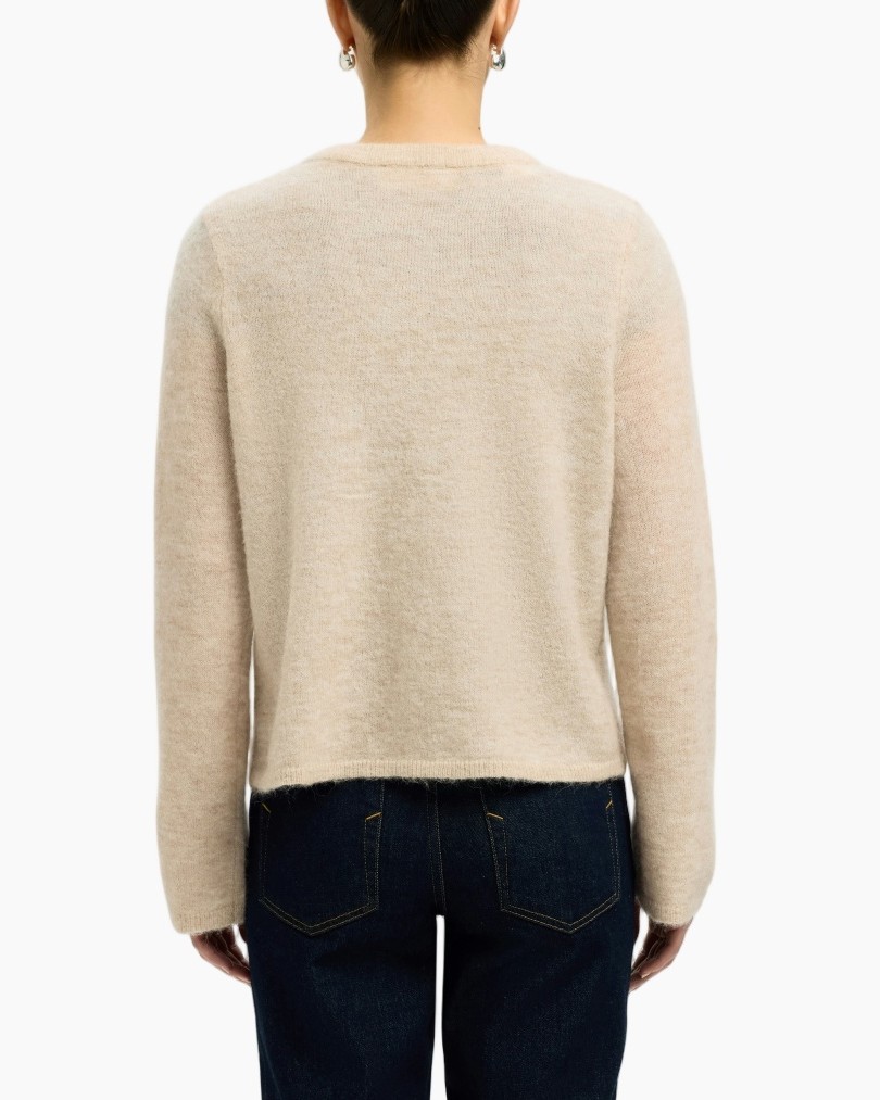 beige sweater, knit sweater, long sleeves, back view, soft fabric