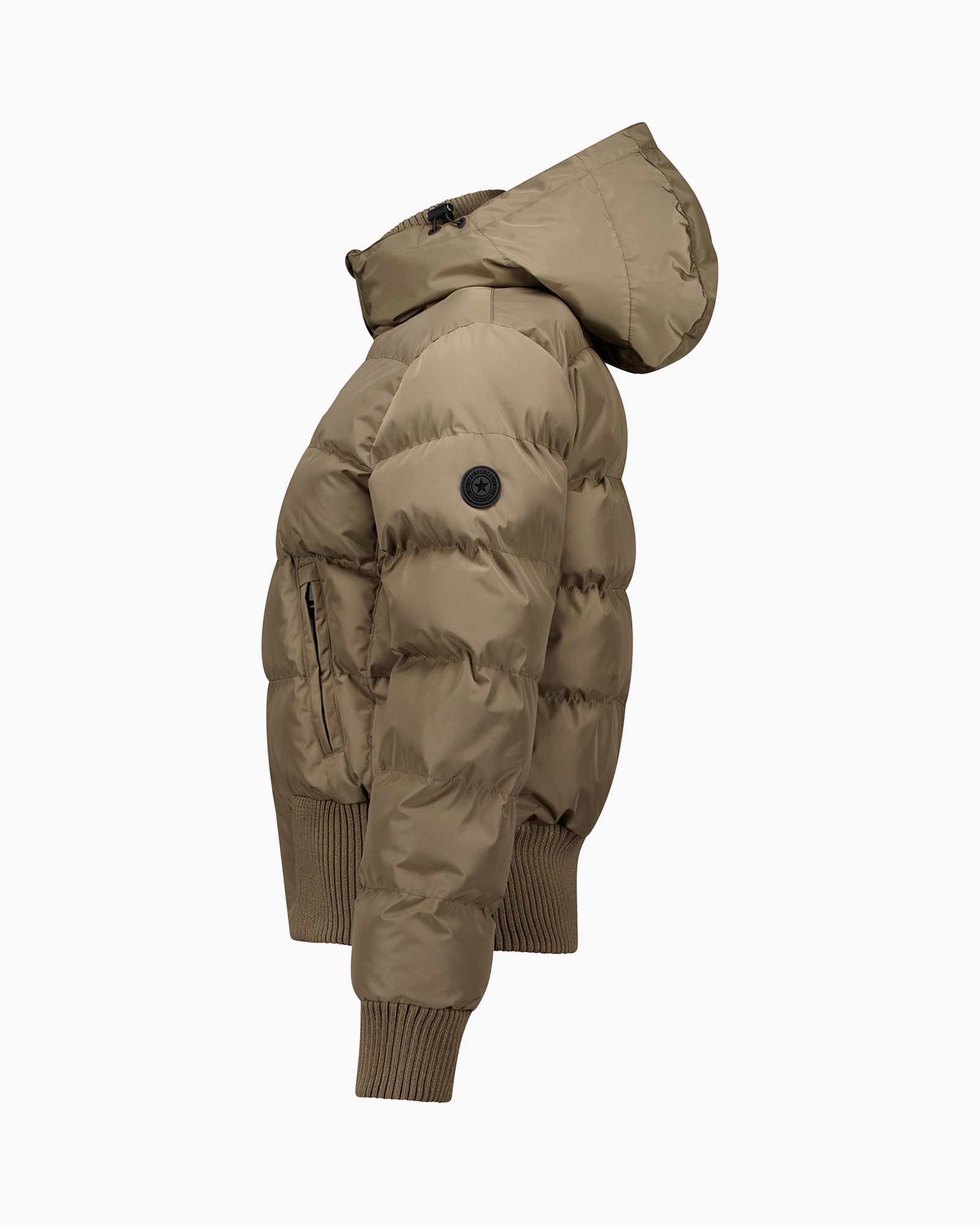 puffer jacket, hooded, taupe, yet padded, ribbed cuffs