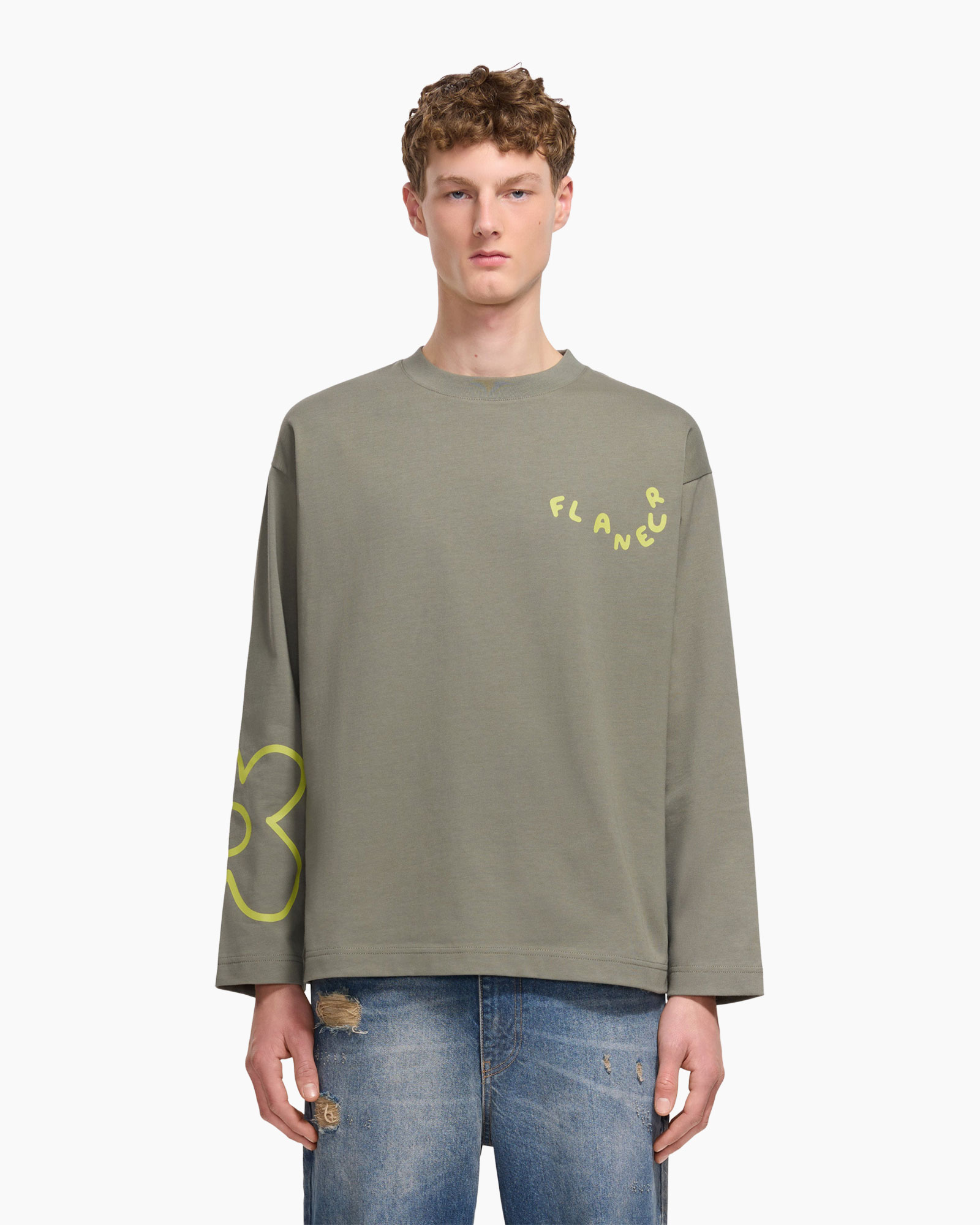 long-sleeve, olive-green, graphic, distressed jeans, crew neck