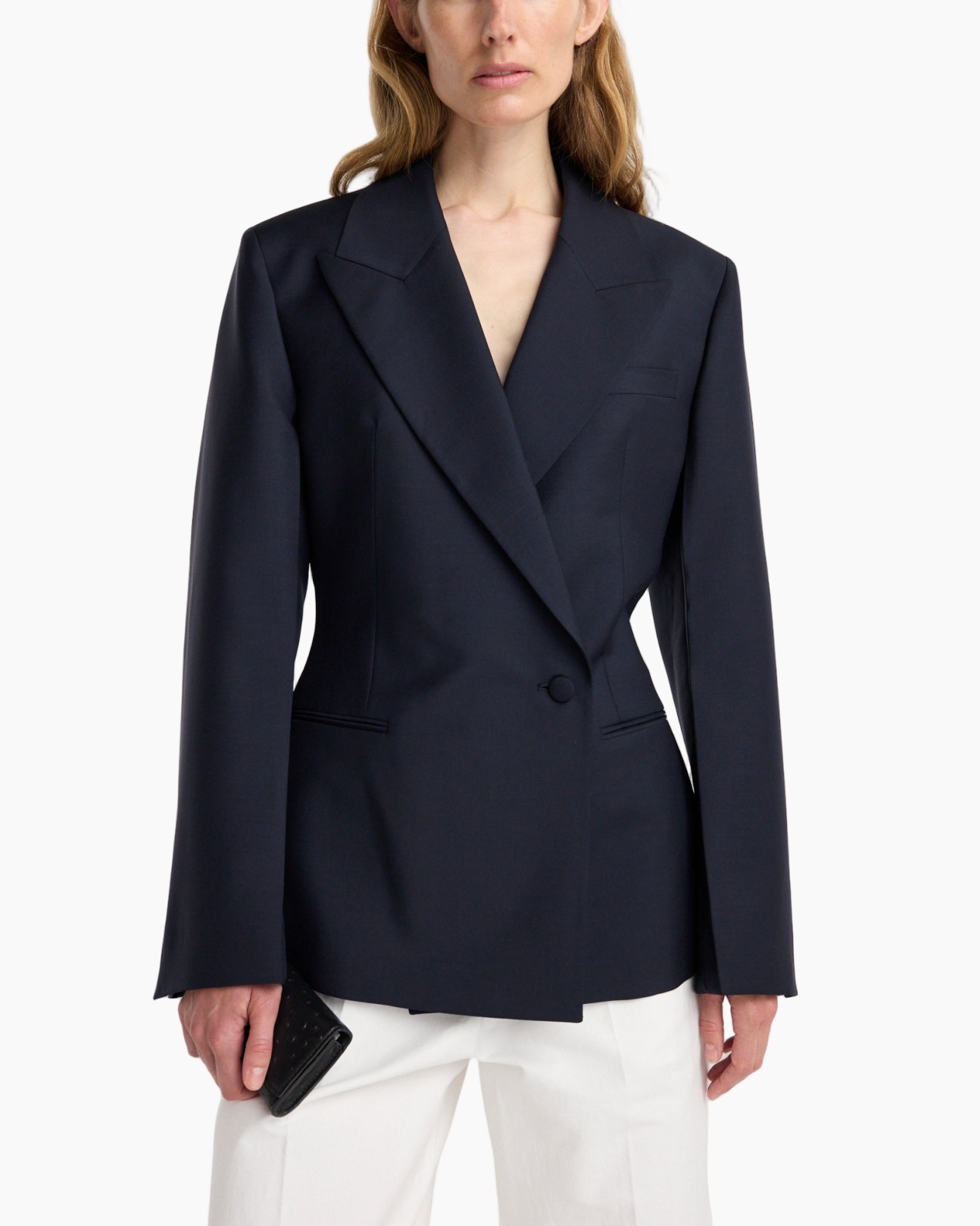 blazer, navy blazer, two-piece look, single button, long sleeve