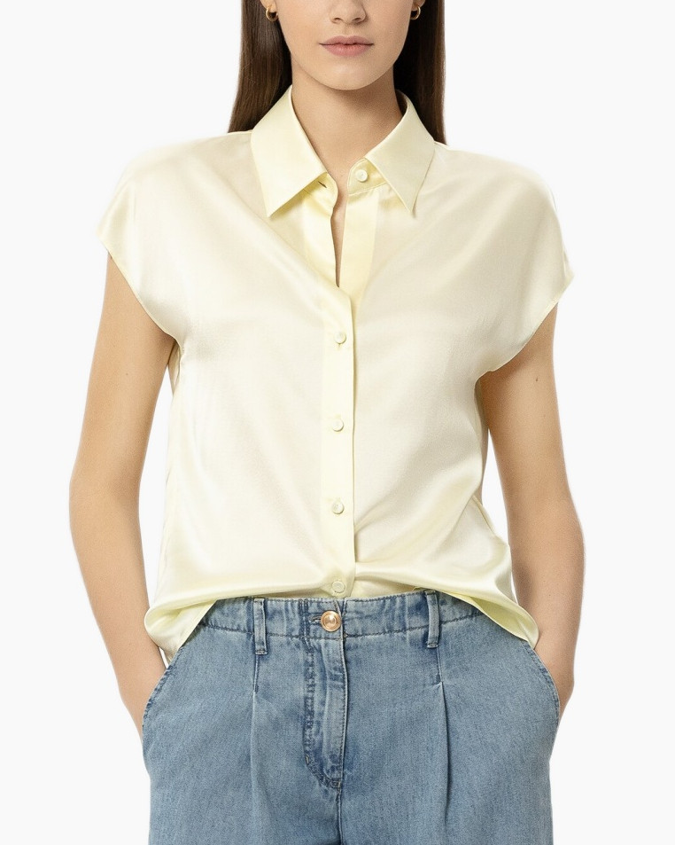 blouse, short sleeves, collared, button-down, light yellow