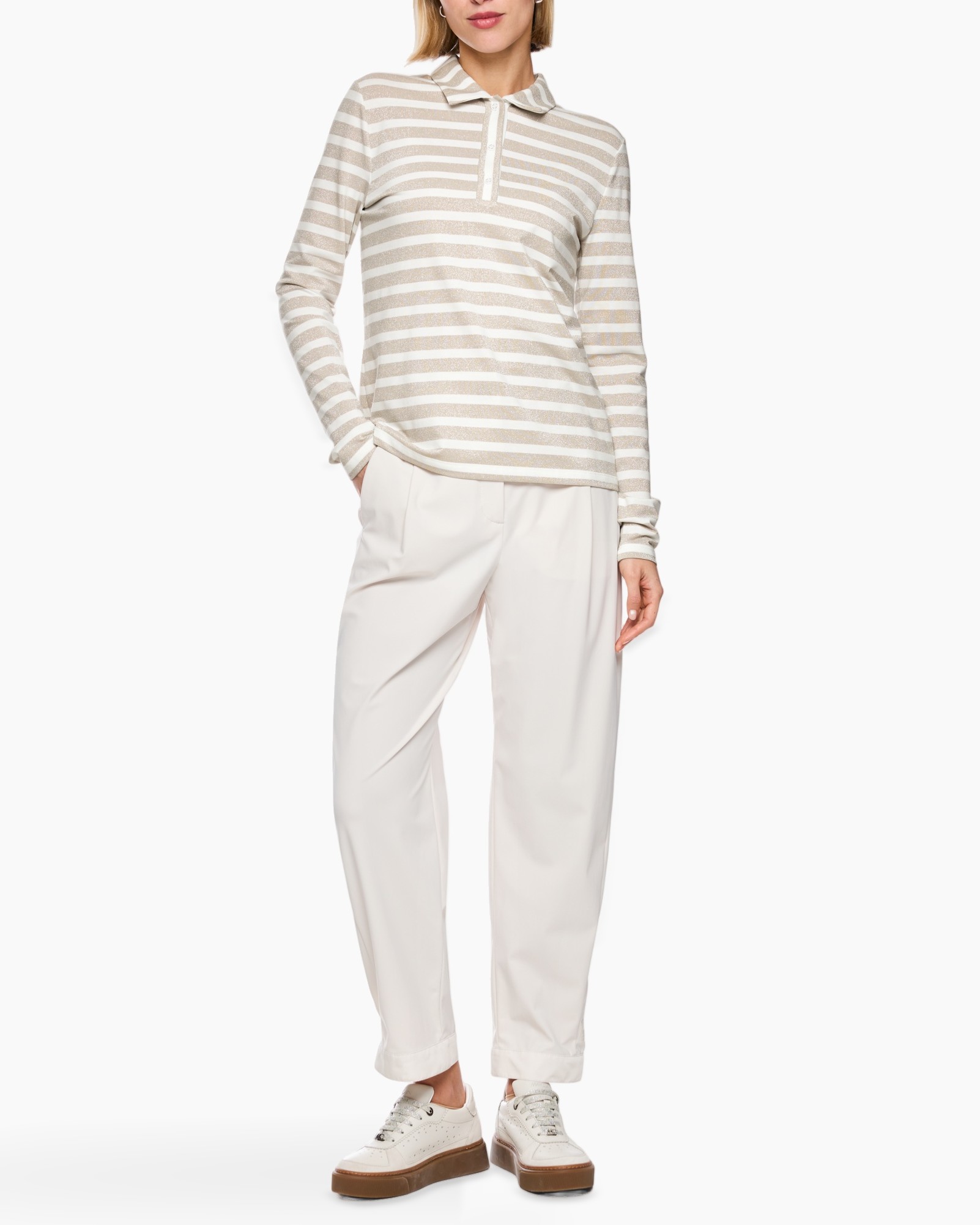 striped sweater, collar polo, beige white, long sleeve, pants
