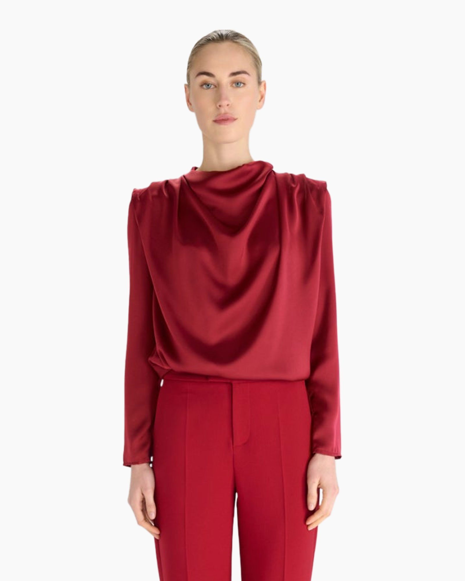 top, blouse, satin, red, pants