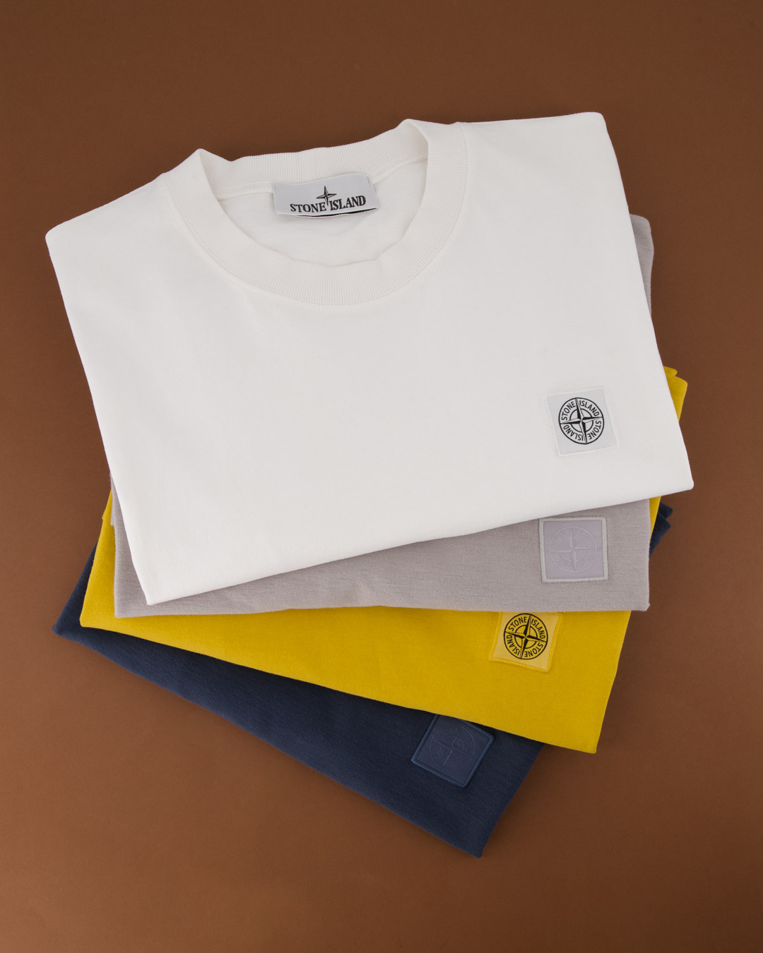 t-shirt, crew neck, white, stacked, logo patch