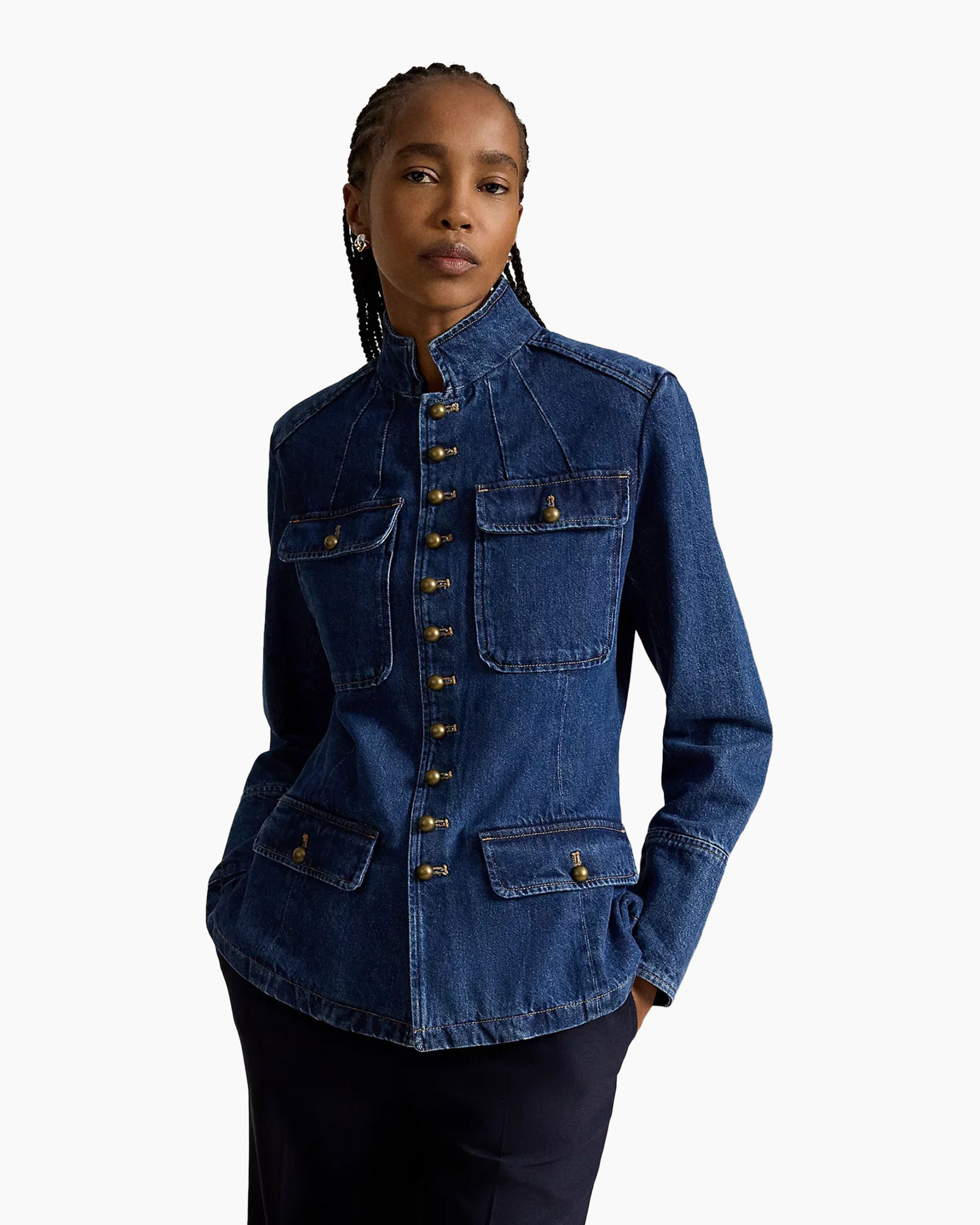 denim, jacket, button-front, hip-length, pockets