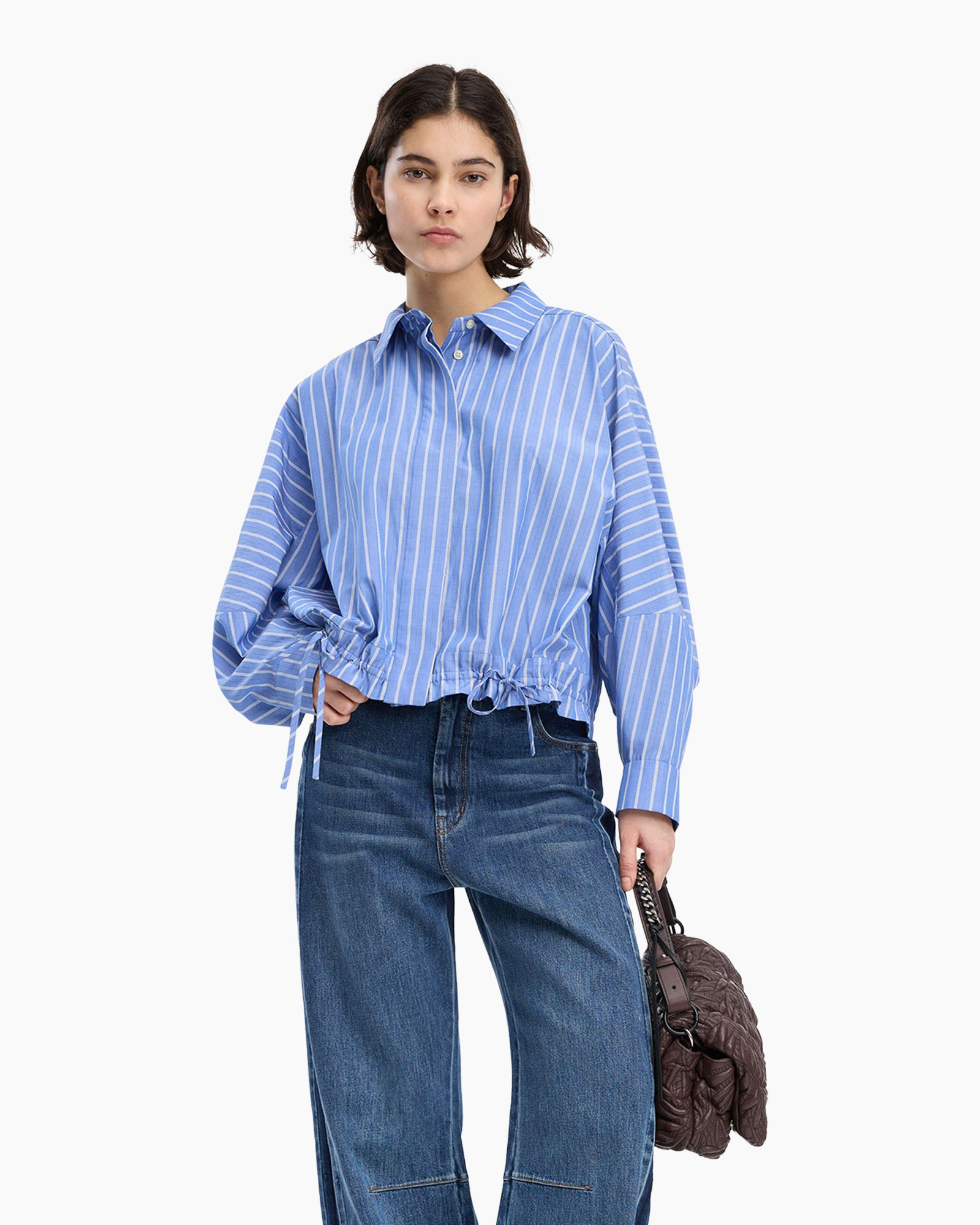 striped shirt, blue shirt, long sleeve, drawstring hem, casual fit