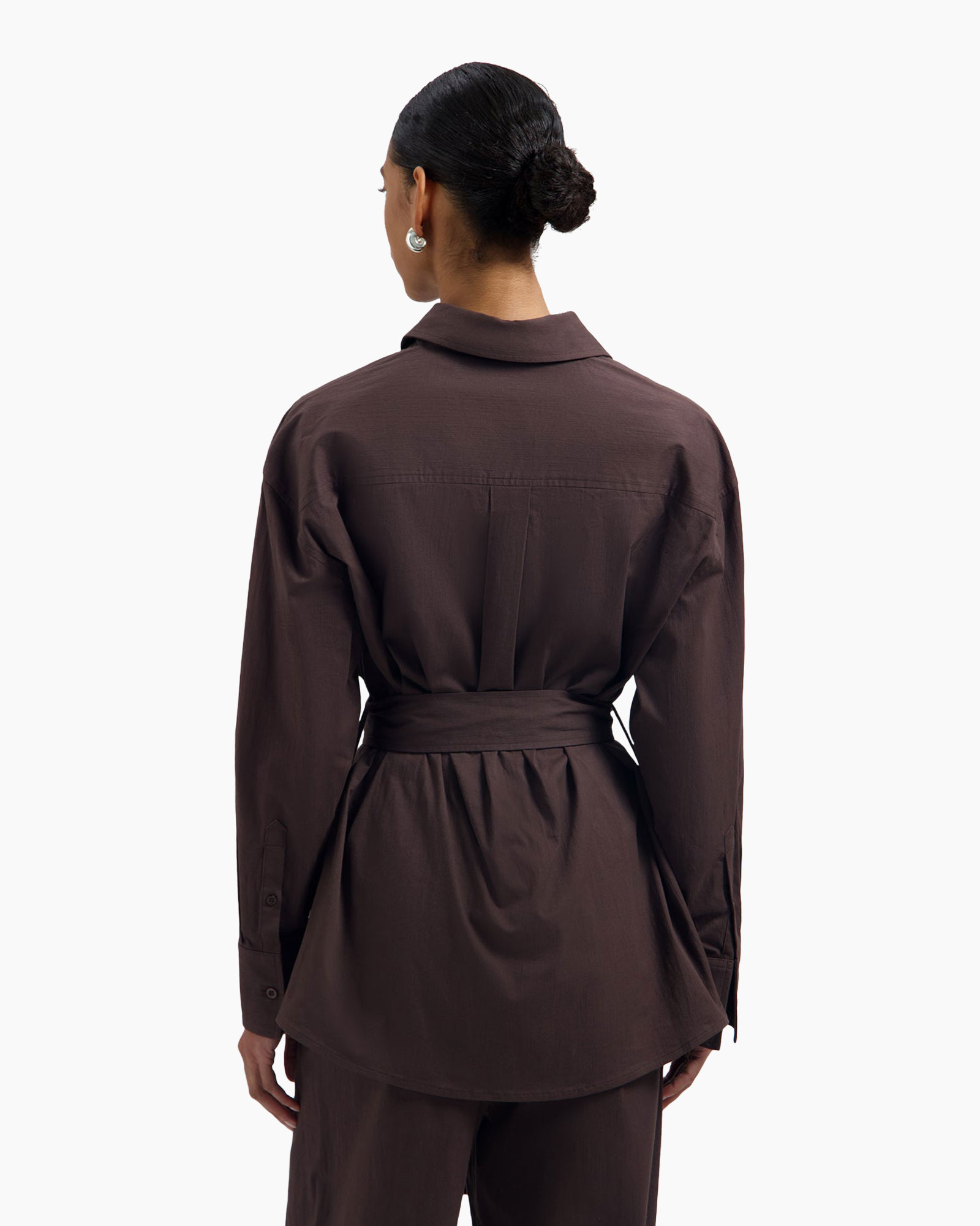 shirt, button-down, long-sleeve, belted, brown