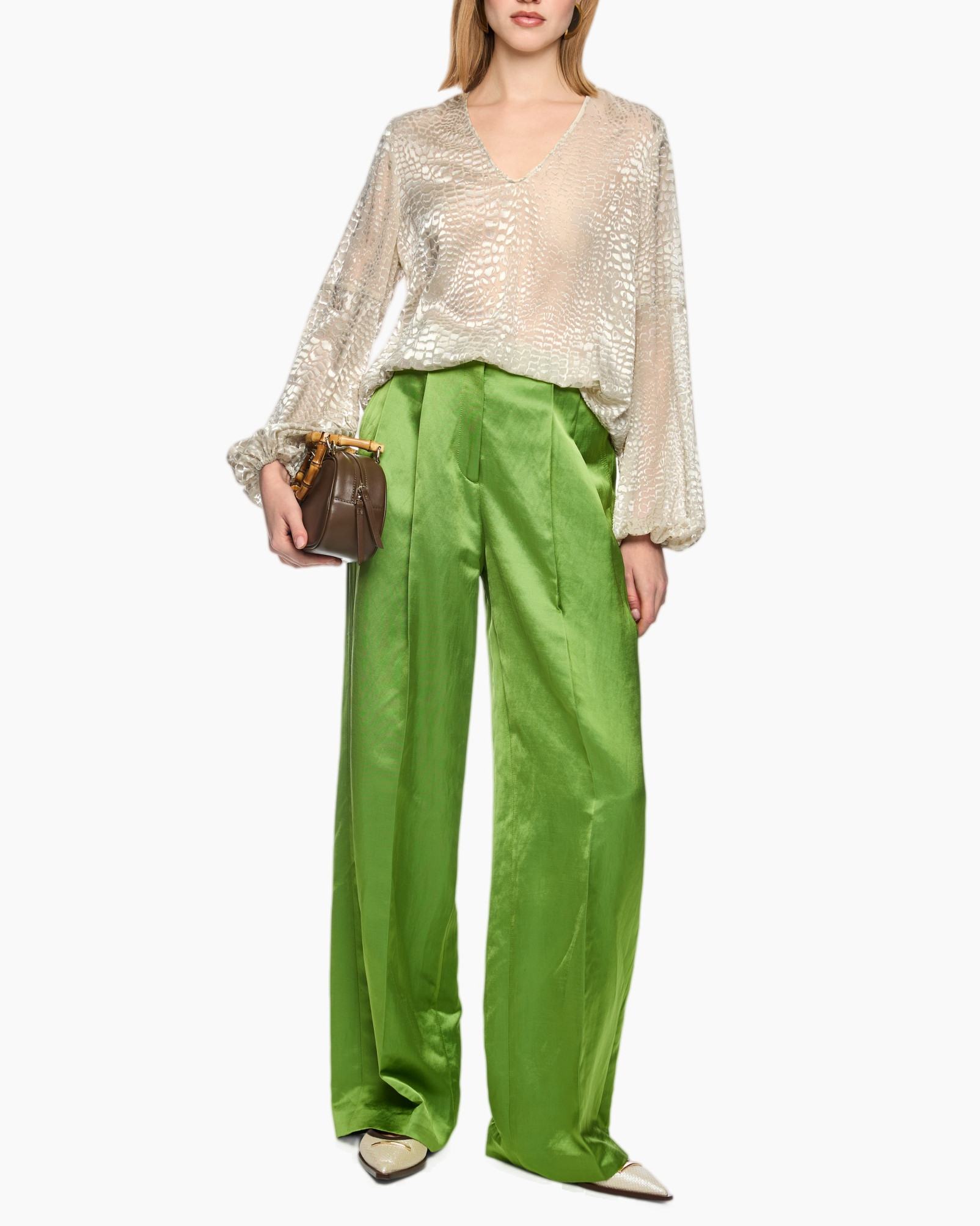 blouse, sheer, v-neck, puff-sleeve, pants