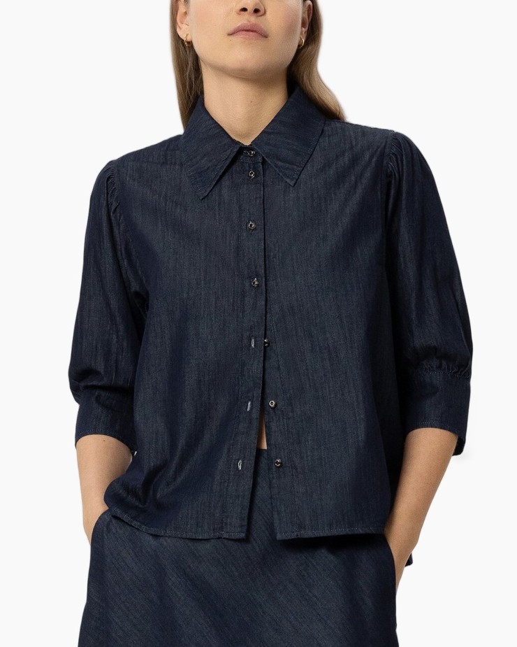 denim, button-up, collar, three-quarter sleeves, pocketless front