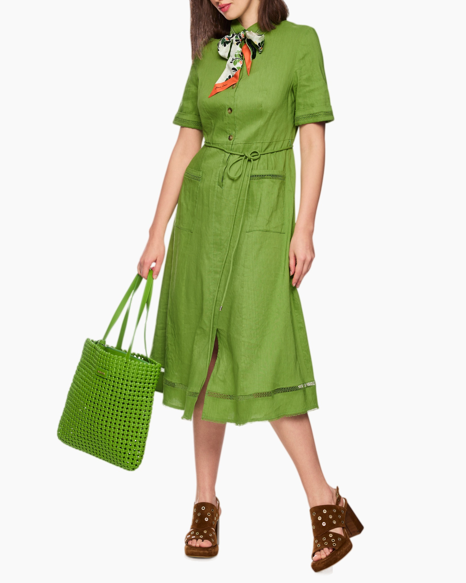 dress, linen, green, mid-length, belted