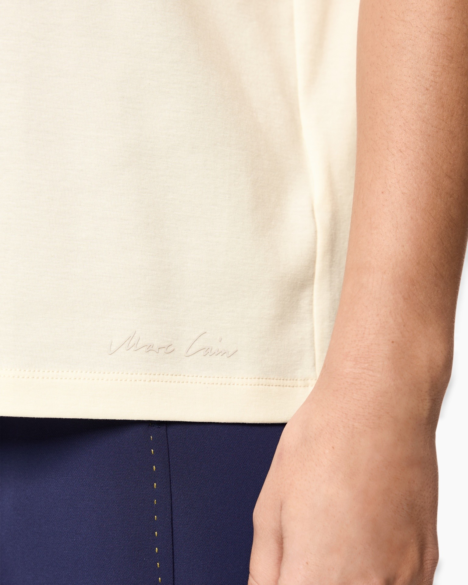 cream shirt, embroidery, signature, short sleeve, t-shirt hem
