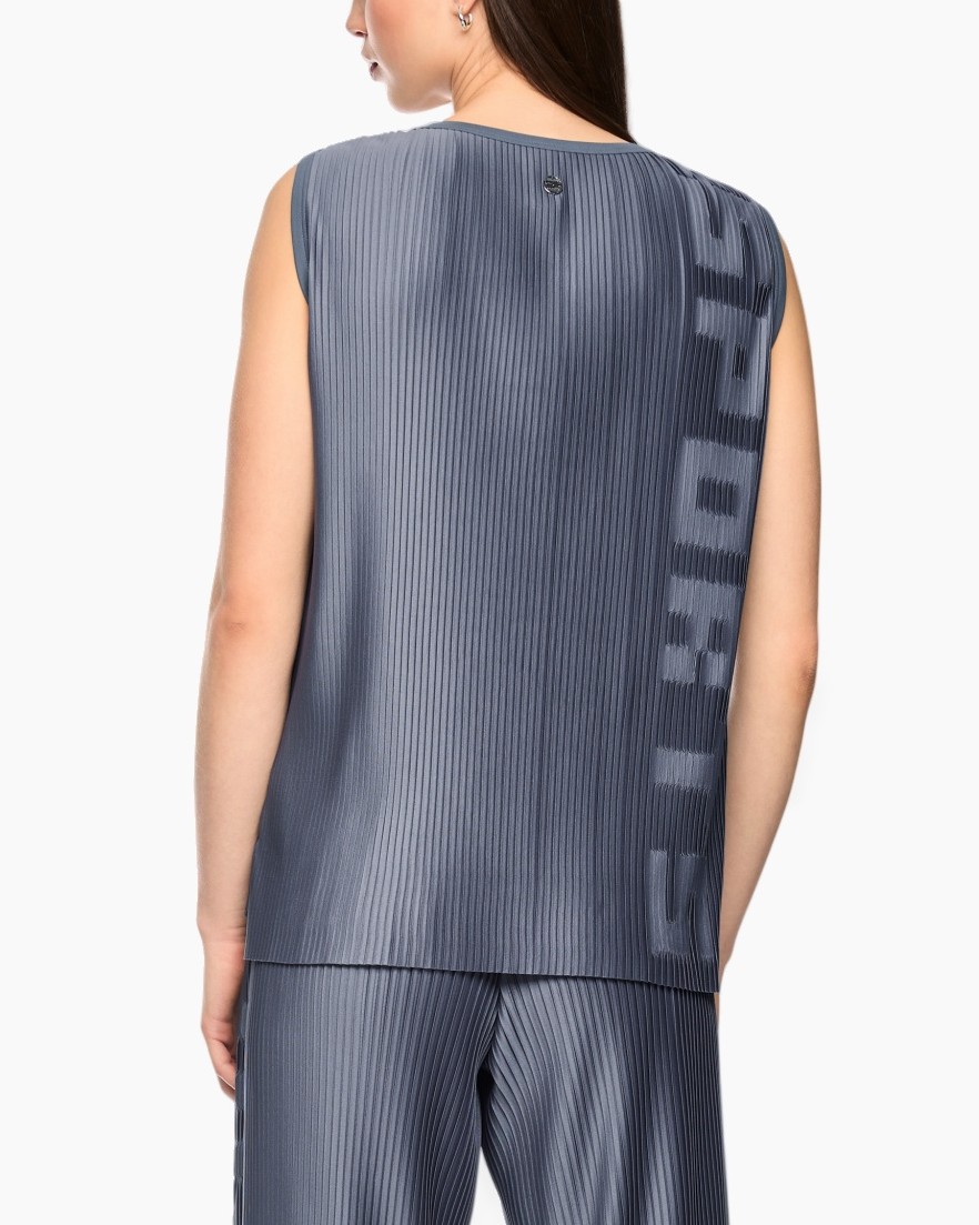 tank top, pleated fabric, sleeveless, graphic text, slip-on top
