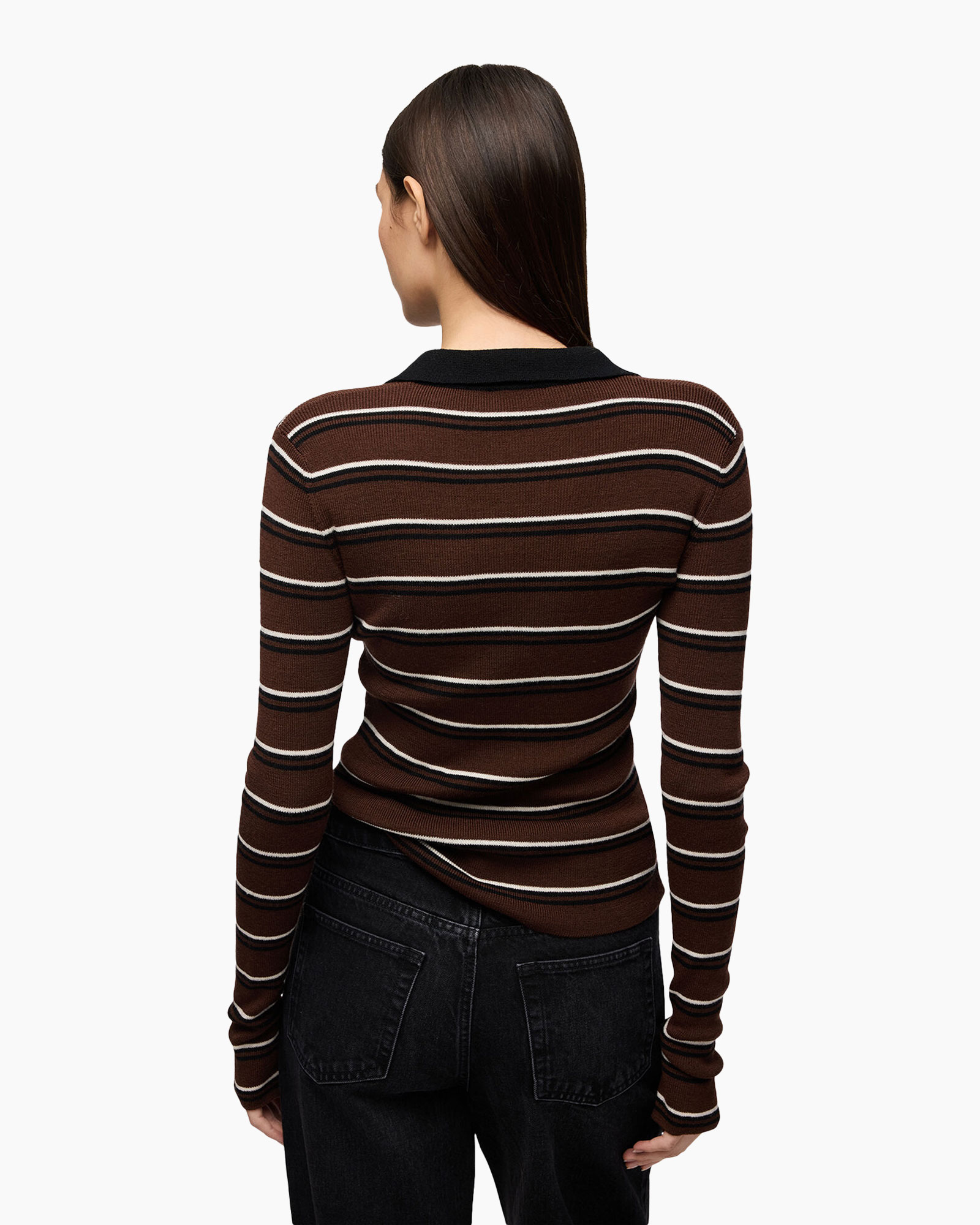 striped sweater, brown sweater, long sleeves, polo collar, knit top