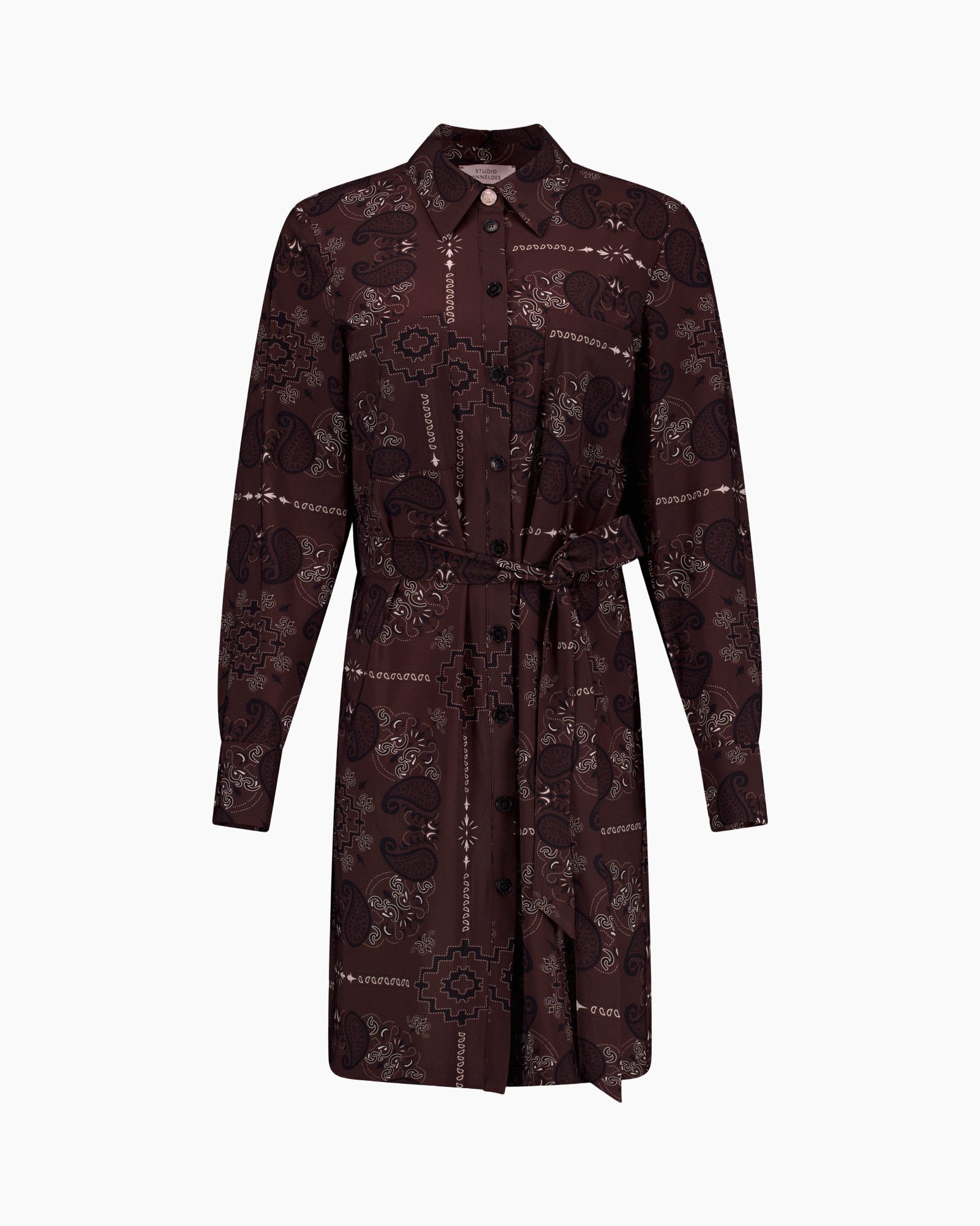 shirt dress, paisley pattern, belted, long sleeves, button front