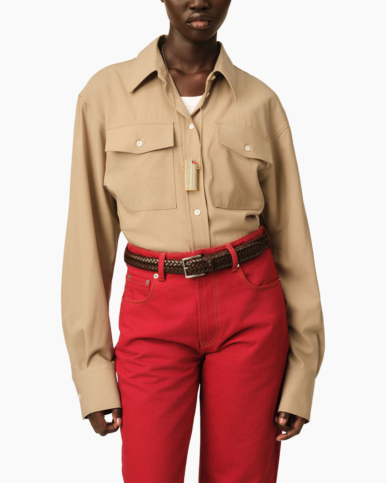 shirt, button-down, pocketed, beige, braided-belt