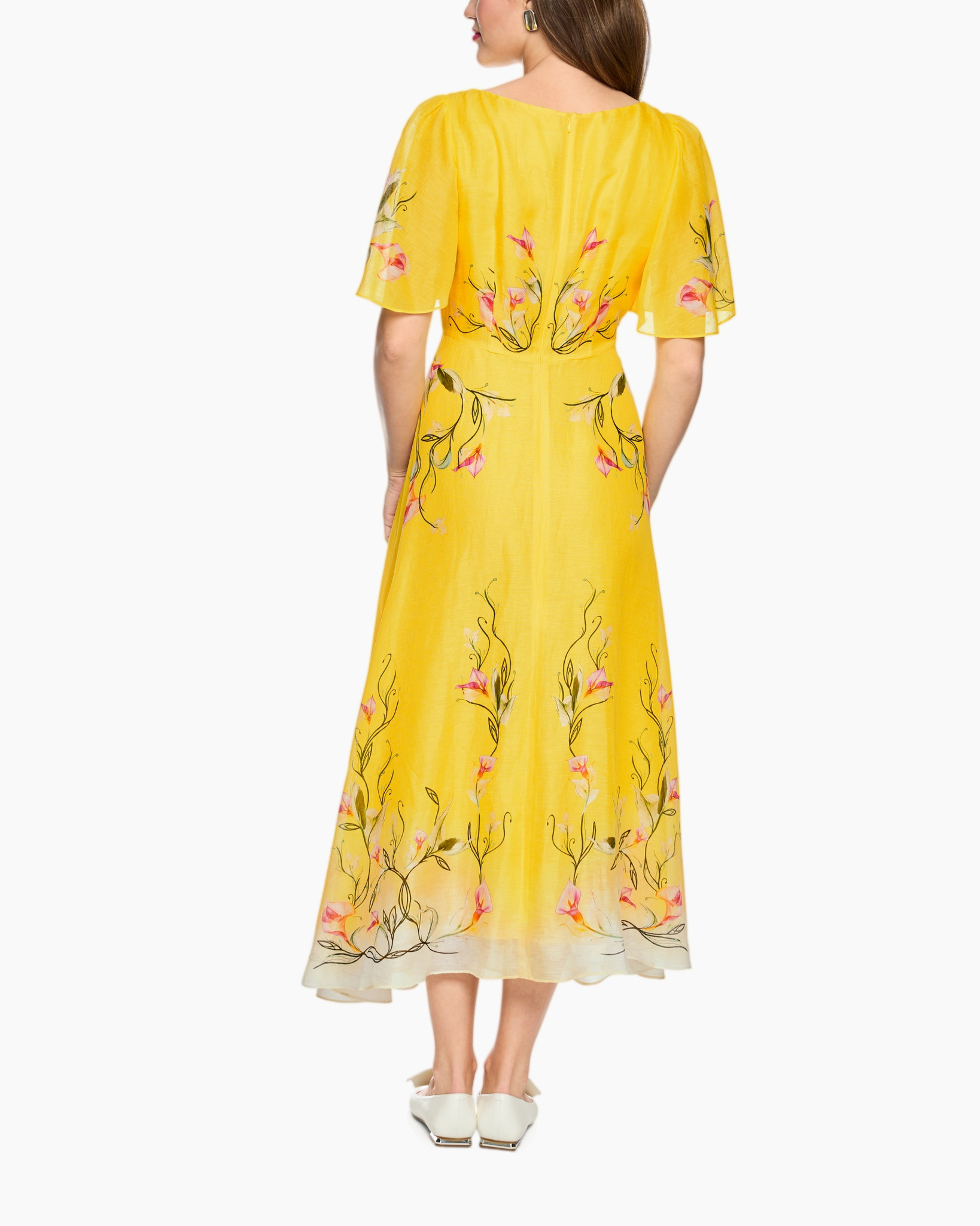 dress, yellow, floral, midaxi, embellished edges