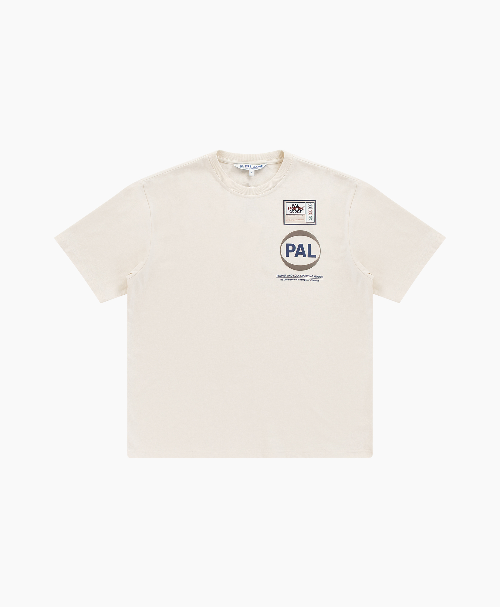 t-shirt, short sleeve, crew neck, graphic patch, beige
