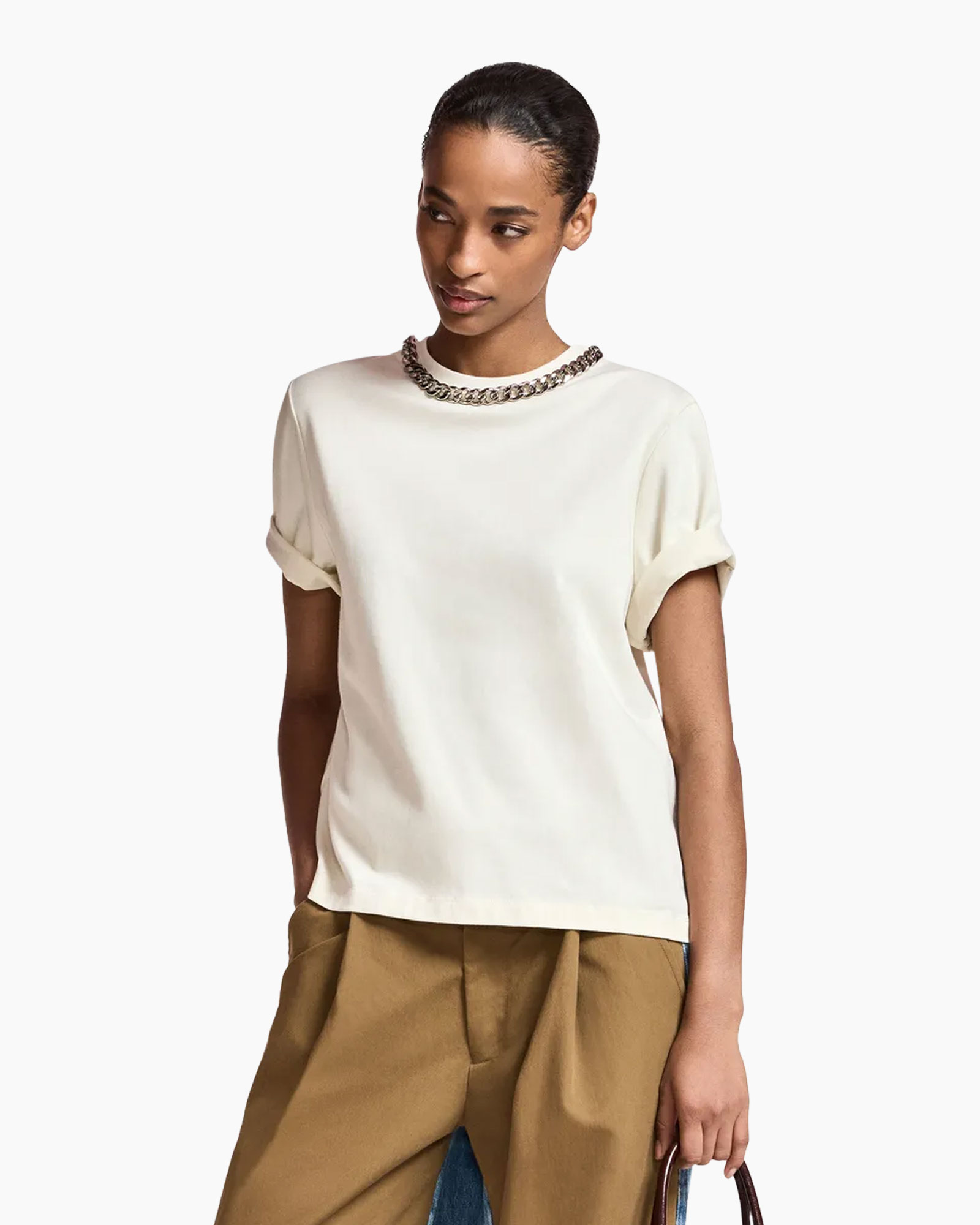 top, t-shirt, short sleeve, crew neck, beige/cream