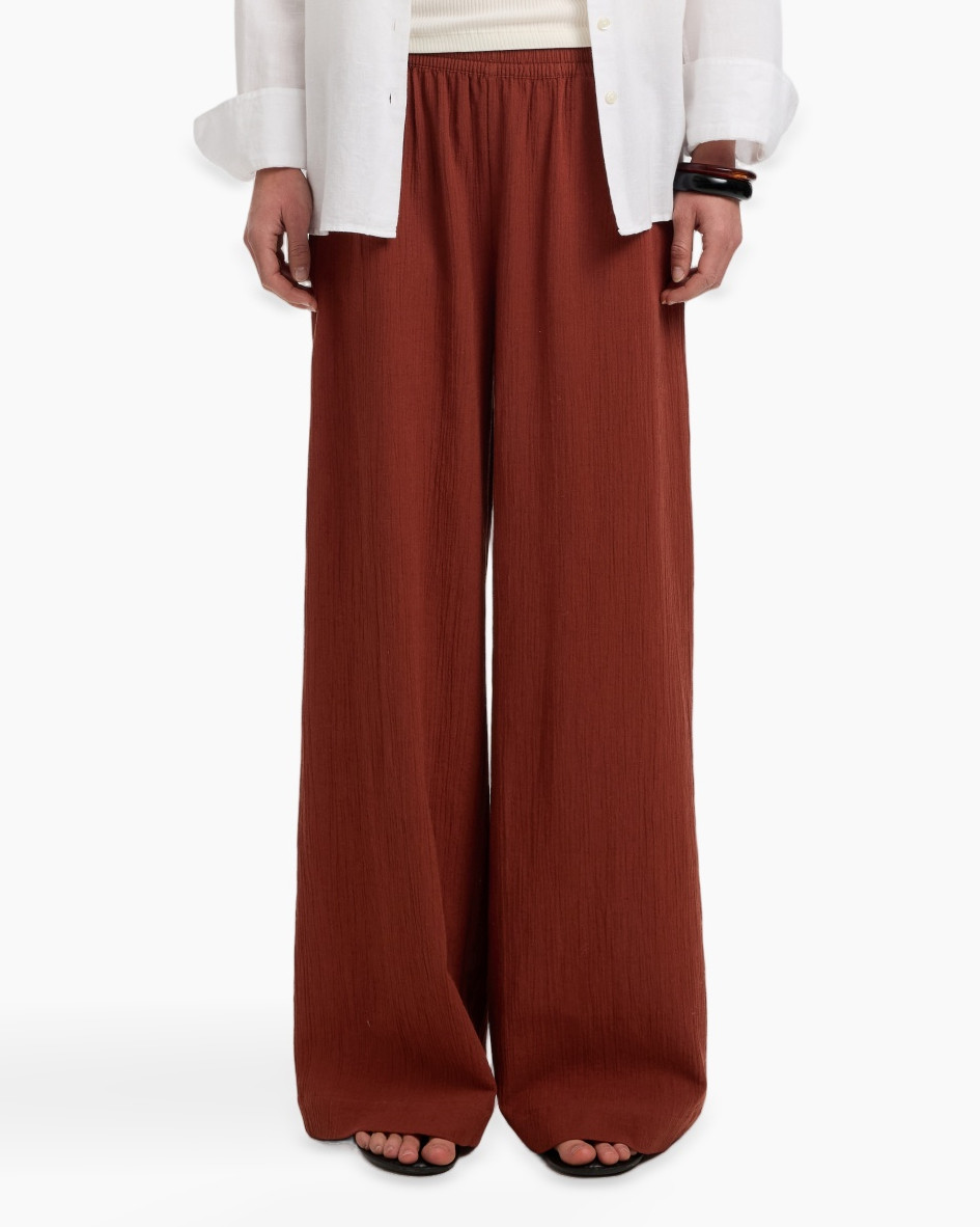 wide-leg, pants, brown, linen-like, elastic-waist