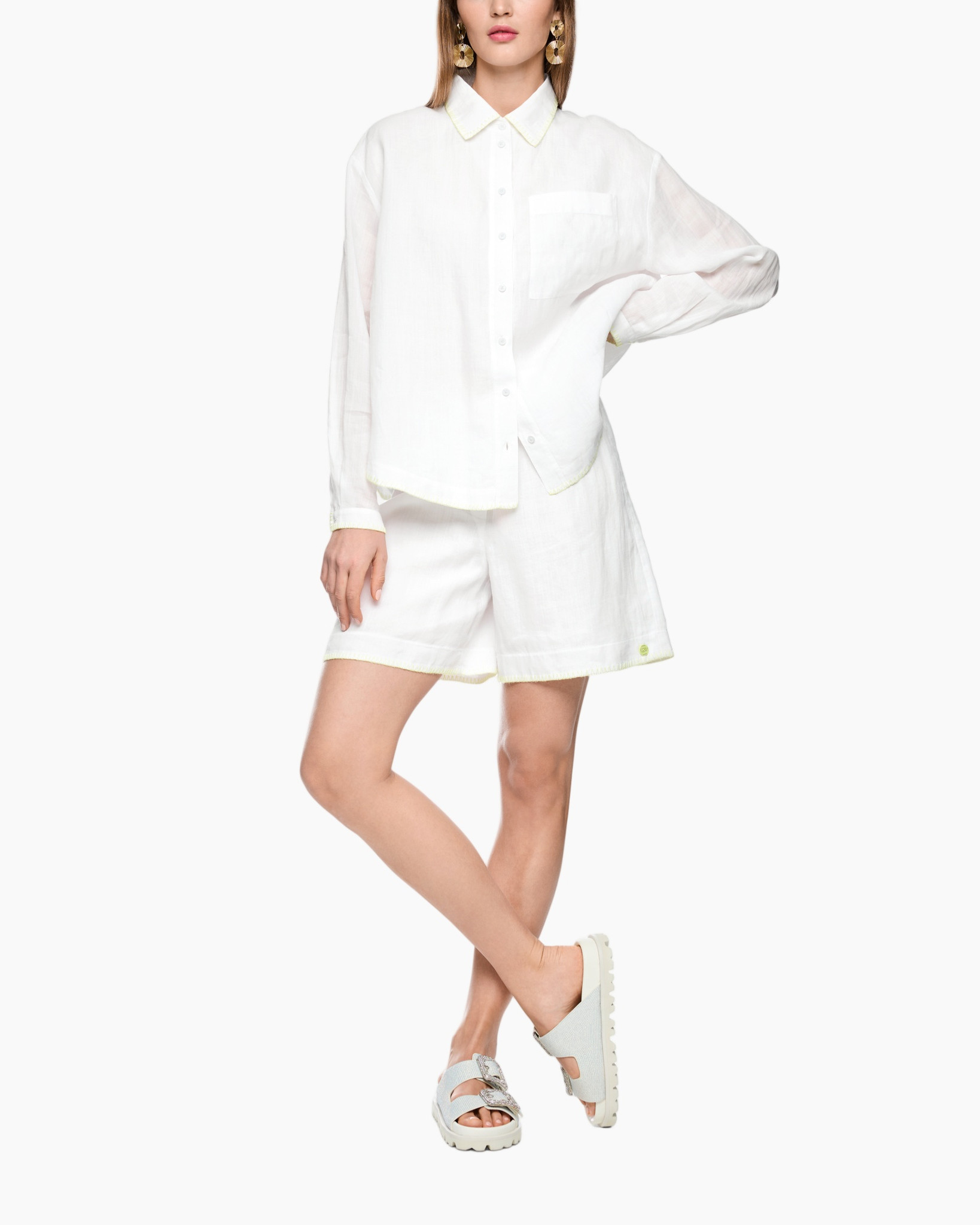 linen, white, shorts, collared shirt, flat sandals