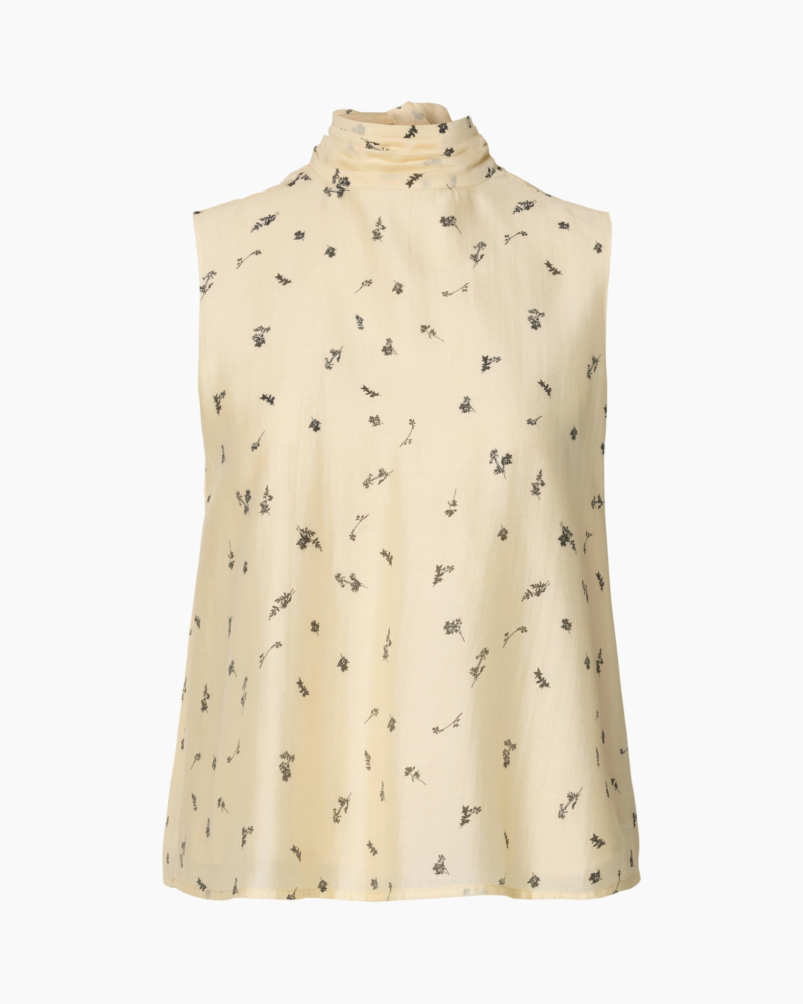 sleeveless, high neck, blouse, beige, floral pattern
