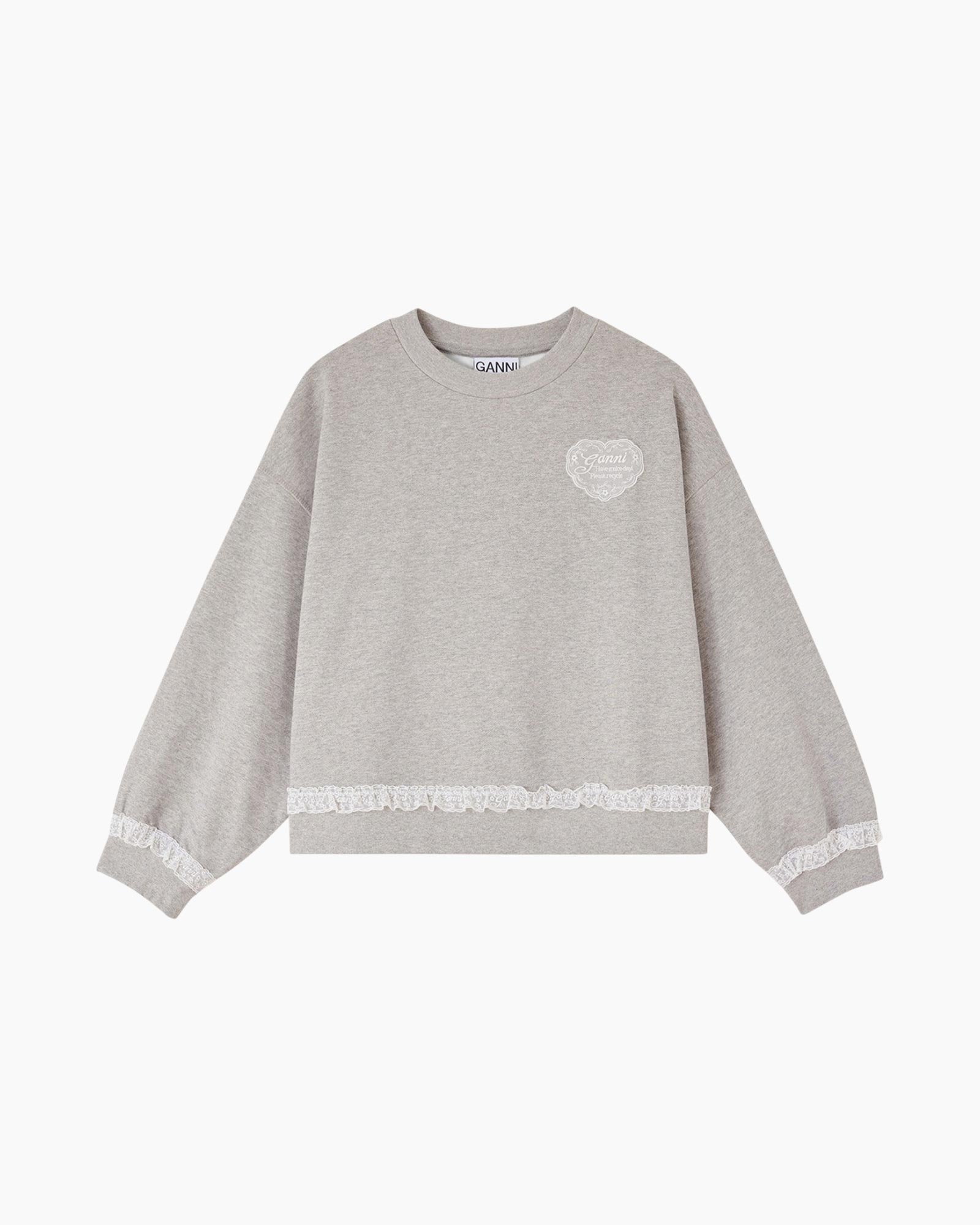 sweatshirt, gray, lace trim, long sleeve, logo patch