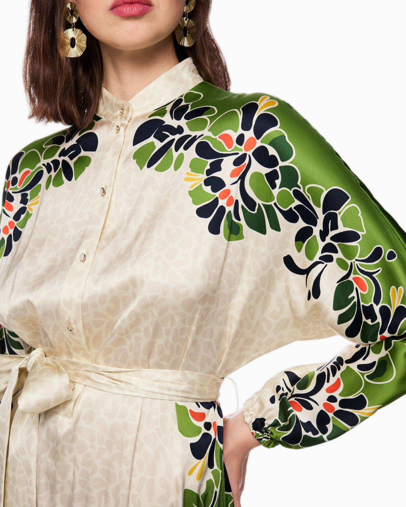 blouse, printed blouse, long sleeve, button frontline, waist tie