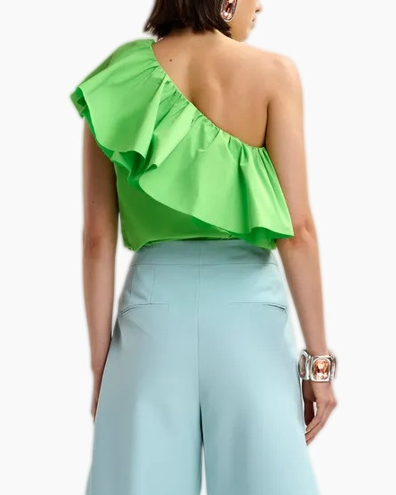 one-shoulder, ruffled-top, lime-green, cotton? fabric, high-waisted-pants, light-blue-pants, statement-sleeve