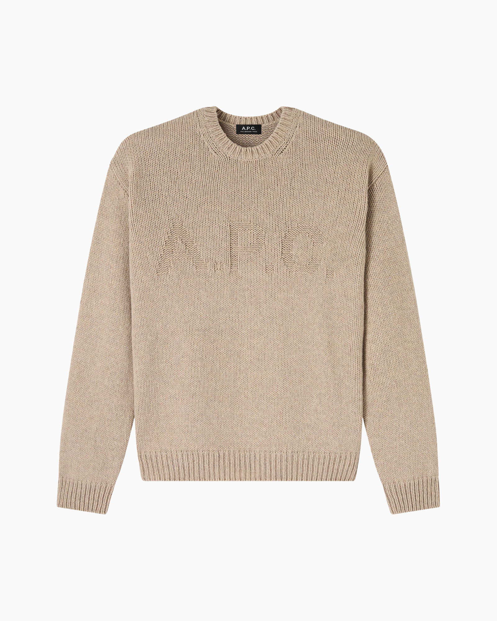 sweater, beige, knit, crew-neck, logo-embossed
