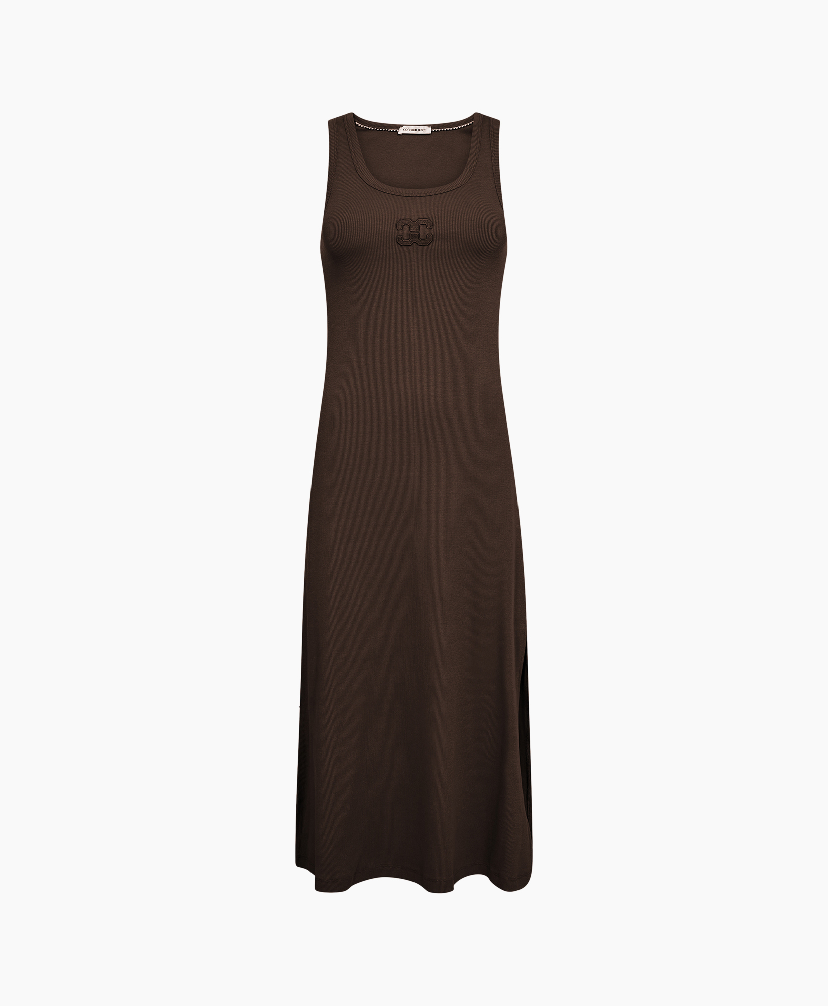 tank dress, brown, sleeveless, long dress, slit side