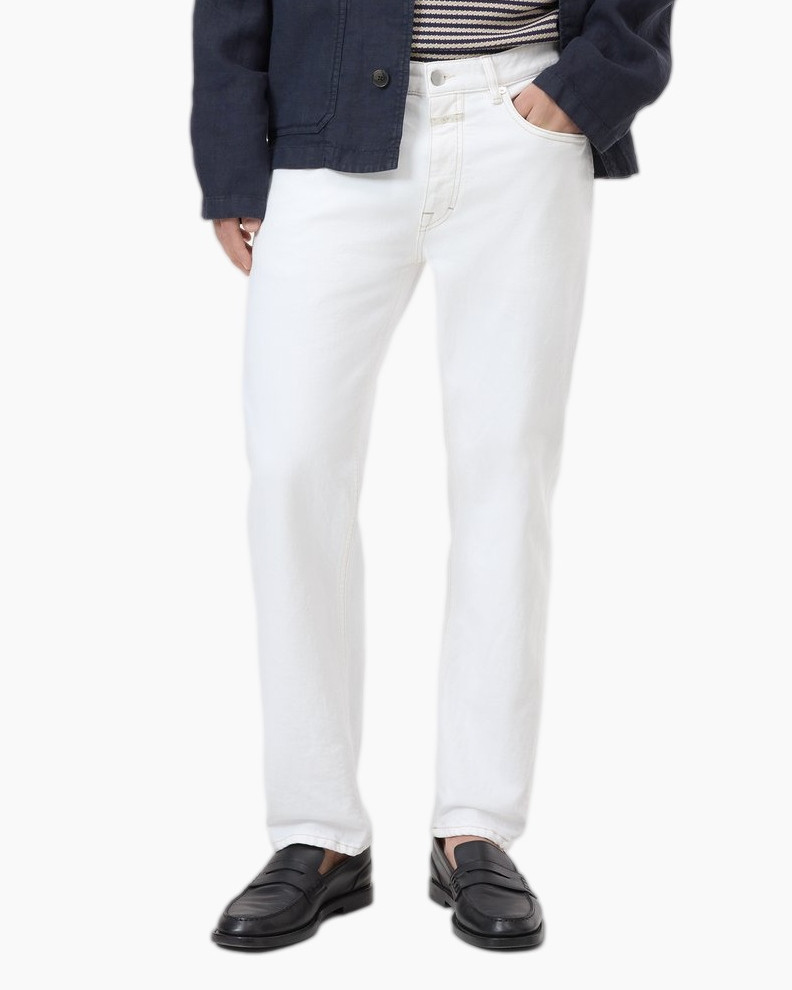 white jeans, straight leg, denim, cotton, loafers