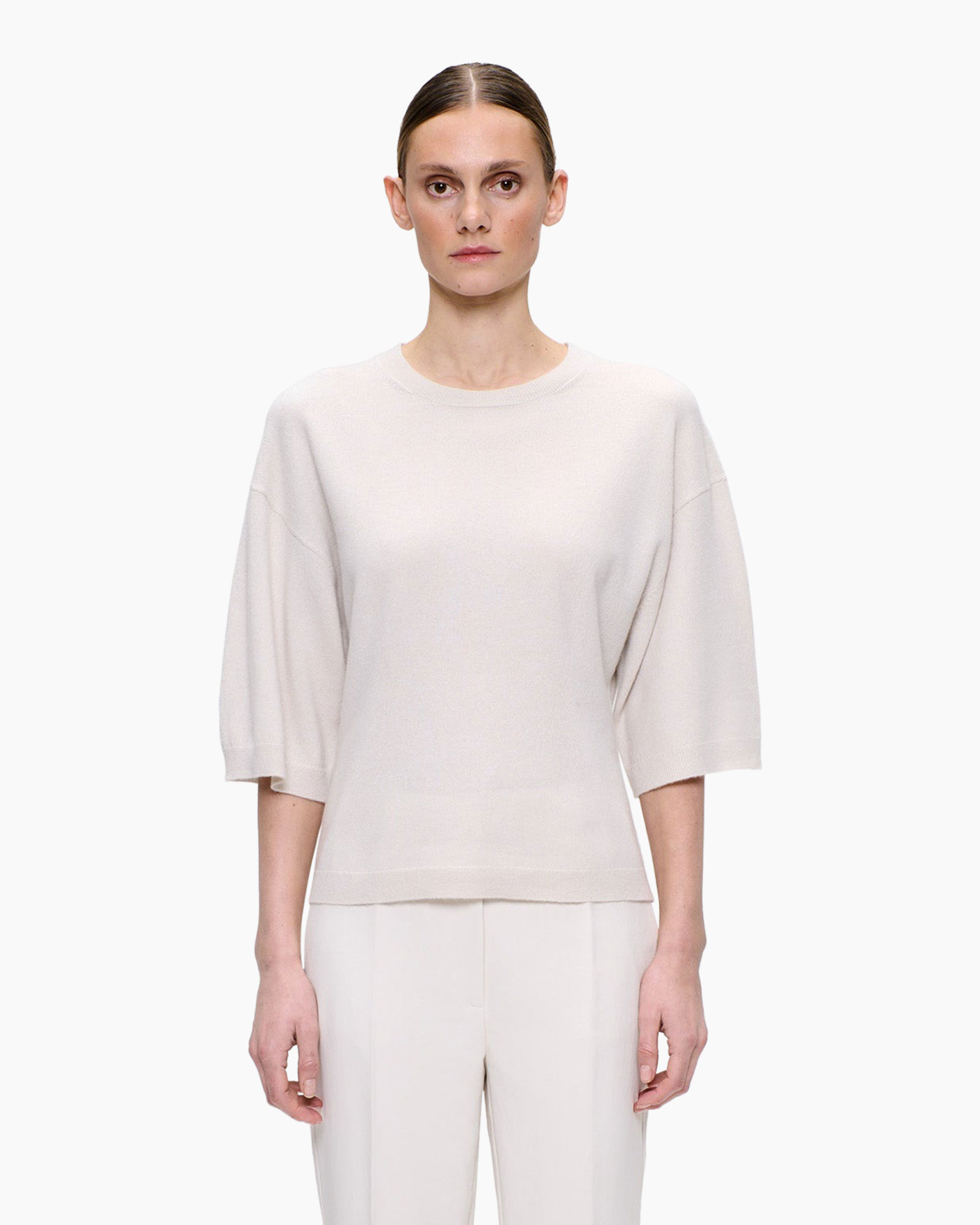 top, sweater, knit, beige, three-quarter-sleeve